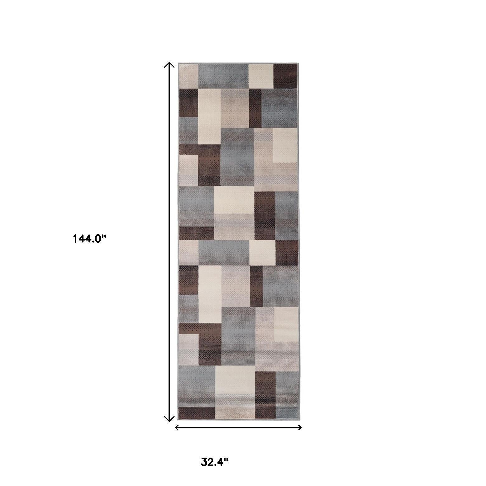 12' Grey-Brown Patchwork Stain Resistant Runner Rug