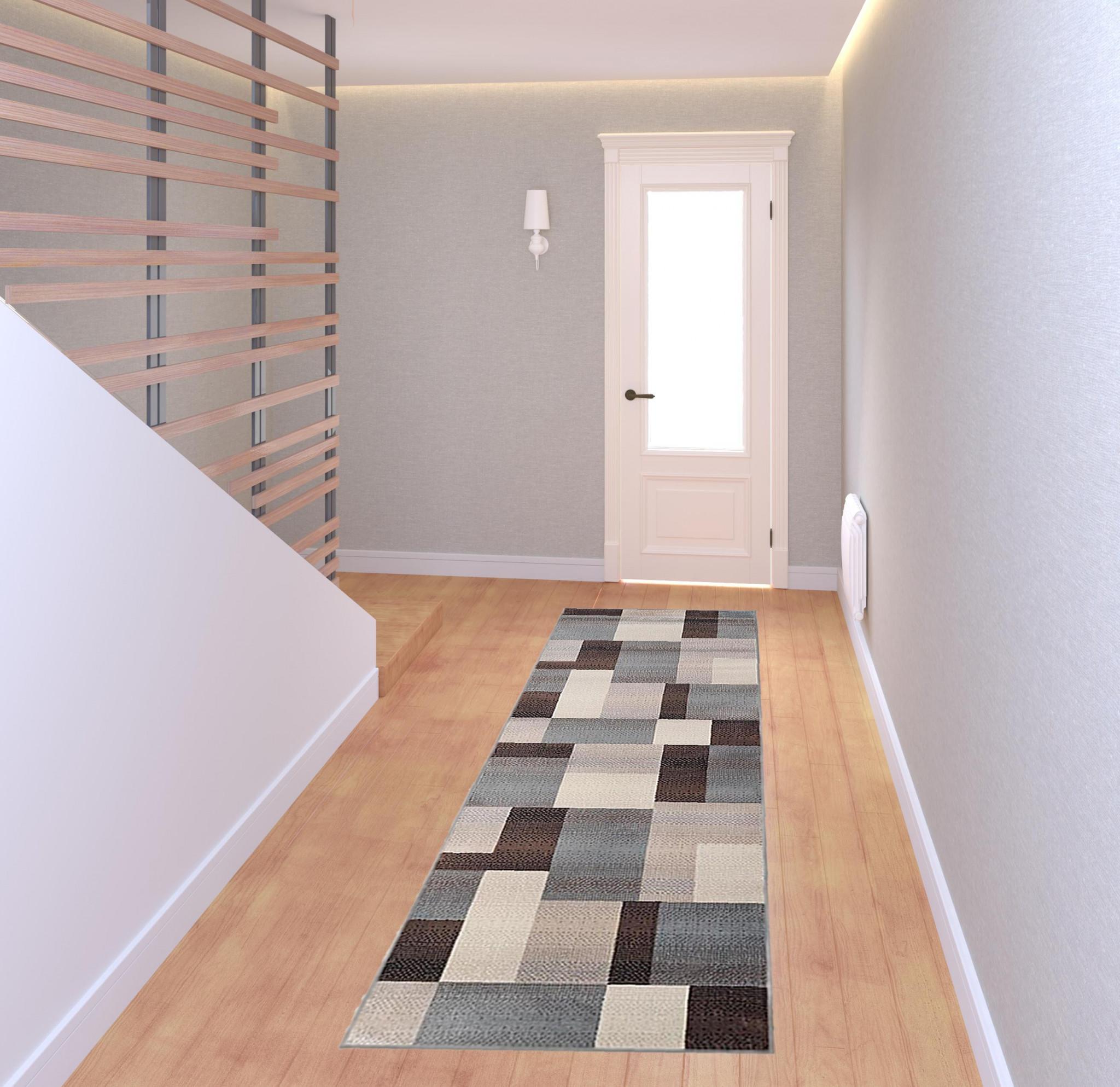 8' Grey-Brown Patchwork Power Loom Stain Resistant Runner Rug