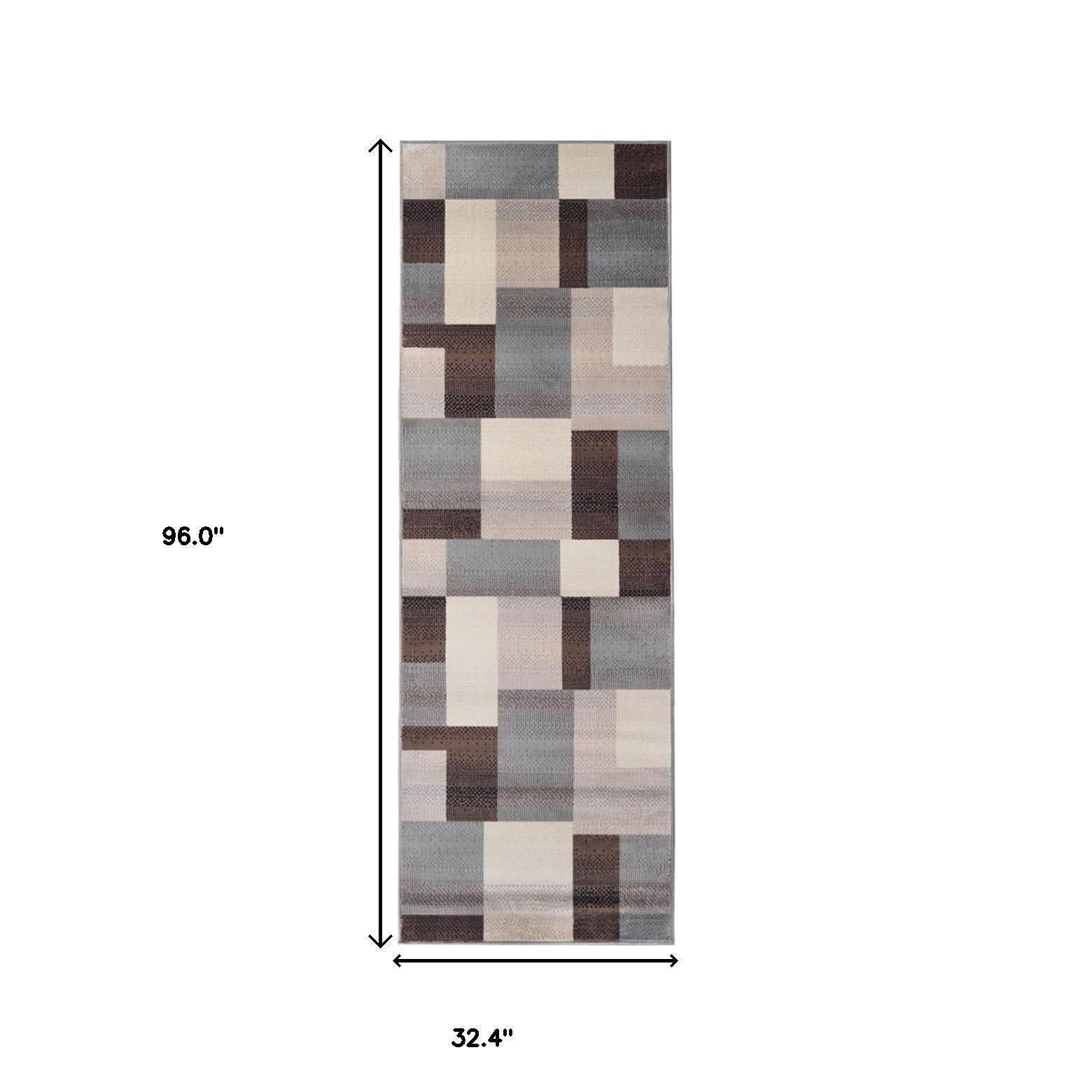 8' Grey-Brown Patchwork Power Loom Stain Resistant Runner Rug