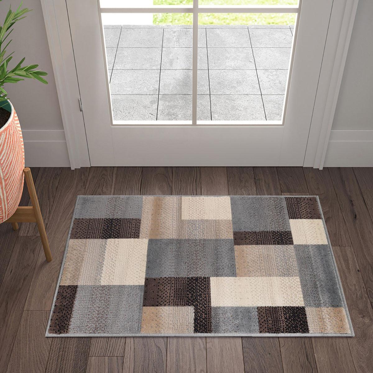 2' X 3' Grey-Brown Patchwork Power Loom Stain Resistant Area Rug