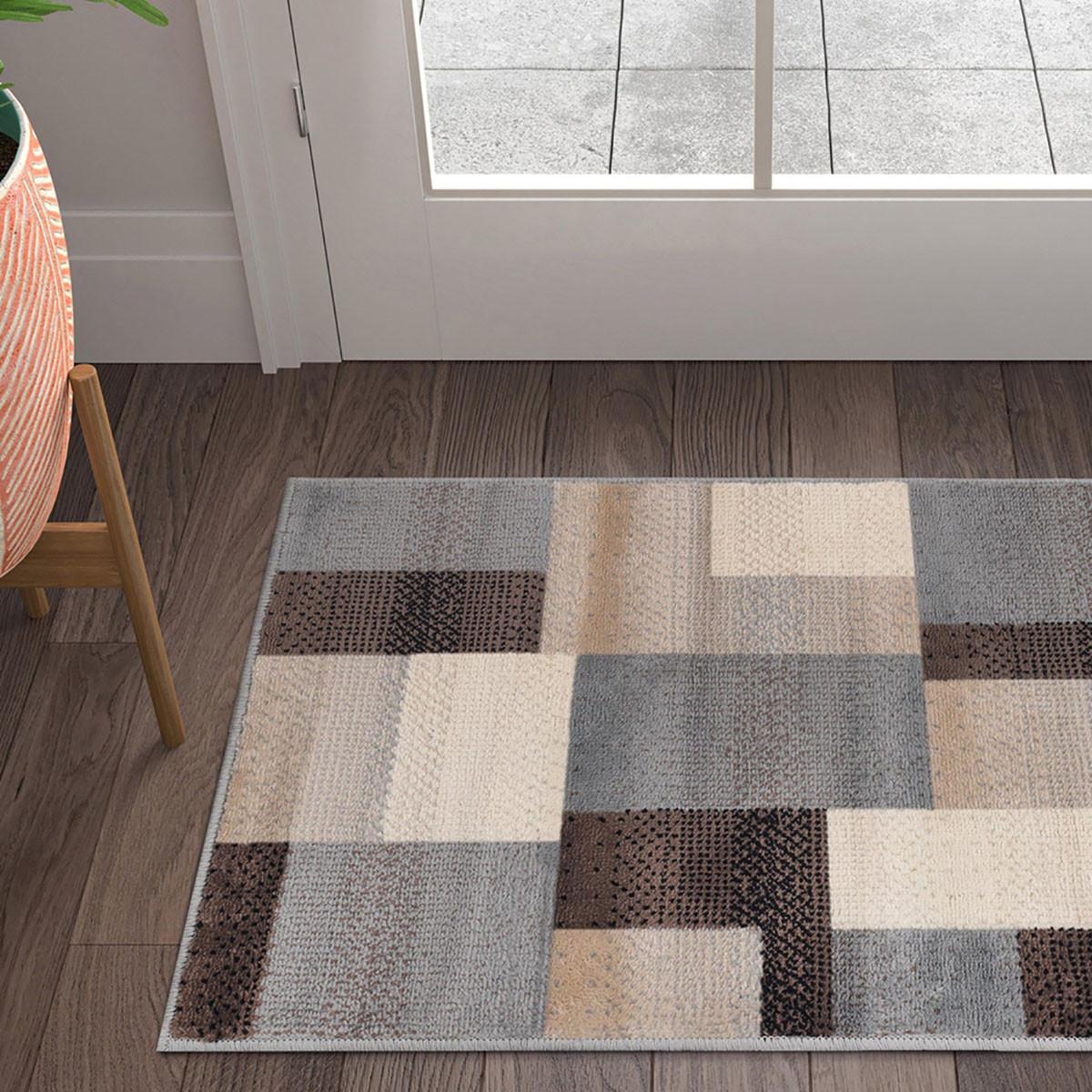 2' X 3' Grey-Brown Patchwork Power Loom Stain Resistant Area Rug