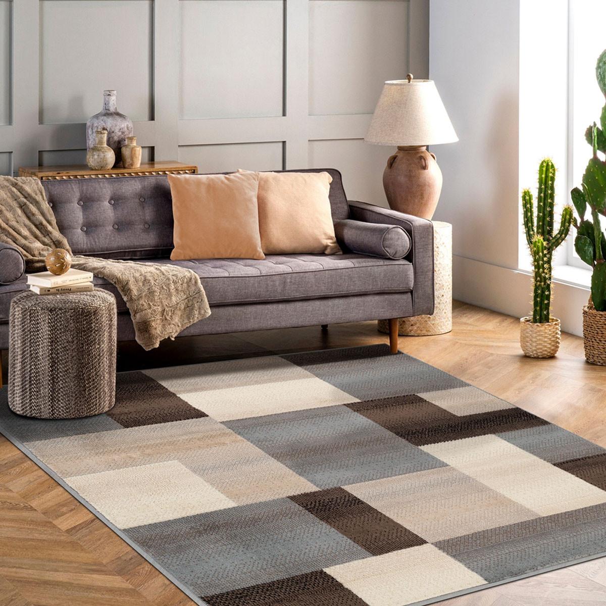 5' Square Grey-Brown Square Patchwork Power Loom Stain Resistant Area Rug