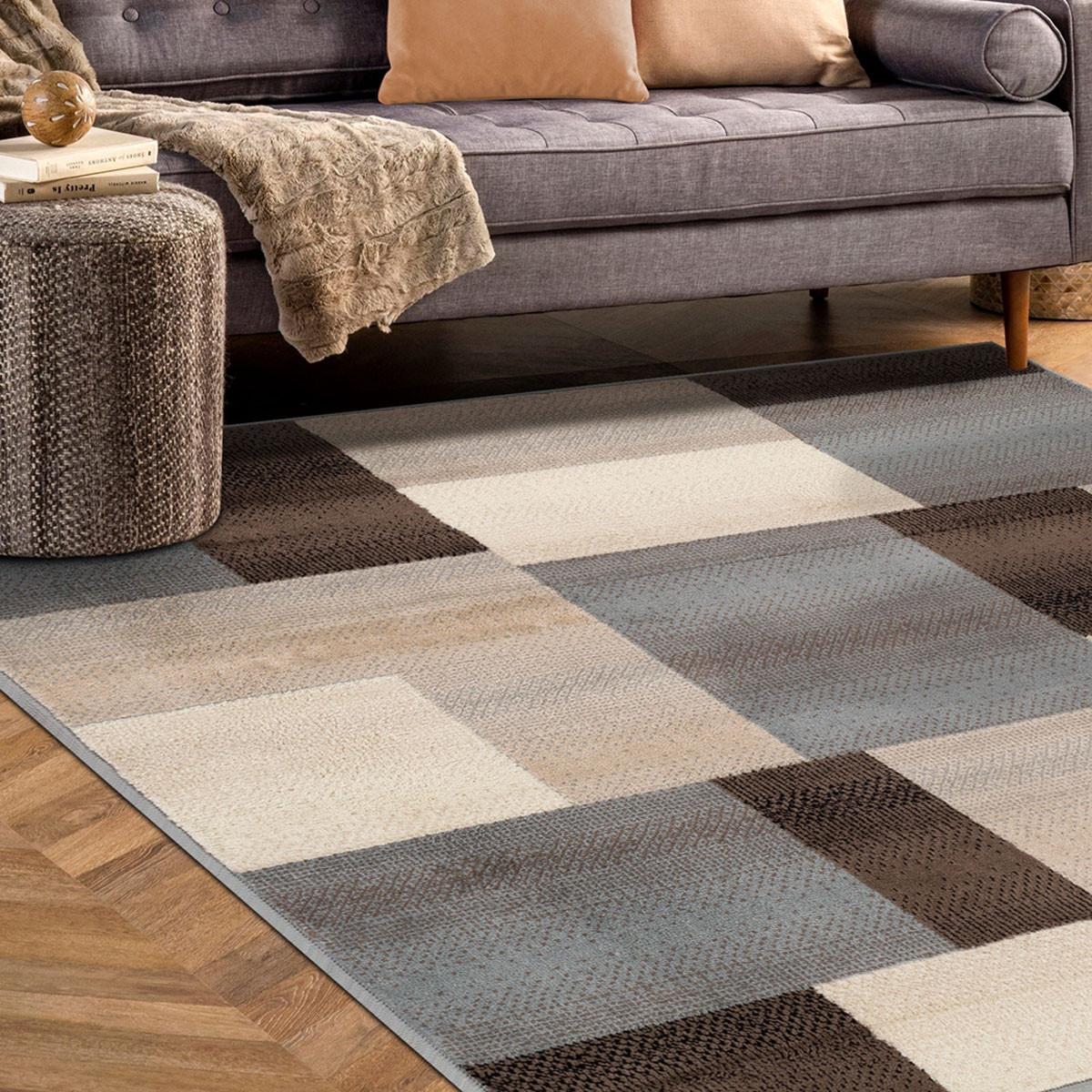 5' Square Grey-Brown Square Patchwork Power Loom Stain Resistant Area Rug
