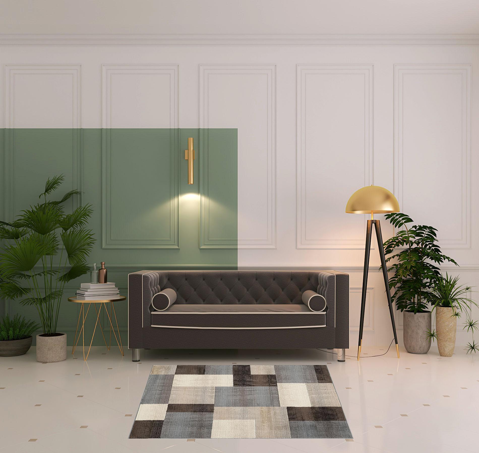 5' Square Grey-Brown Square Patchwork Power Loom Stain Resistant Area Rug