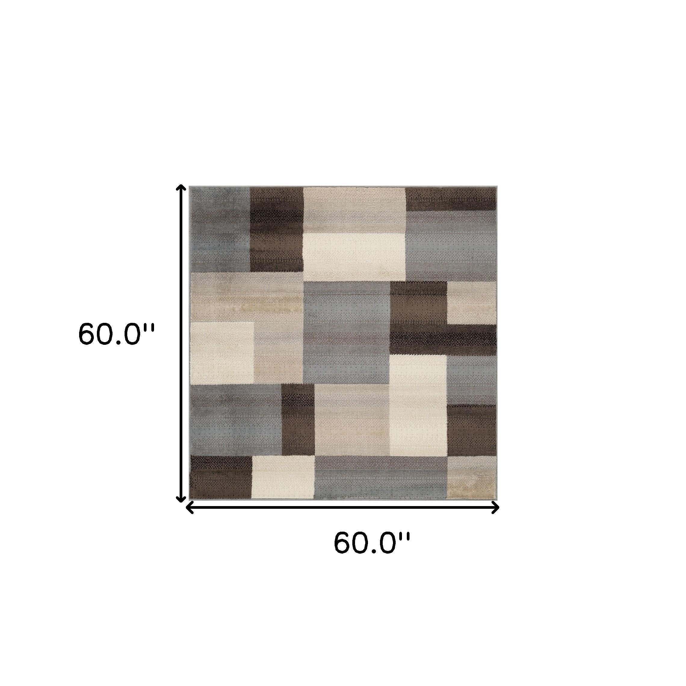 5' Square Grey-Brown Square Patchwork Power Loom Stain Resistant Area Rug