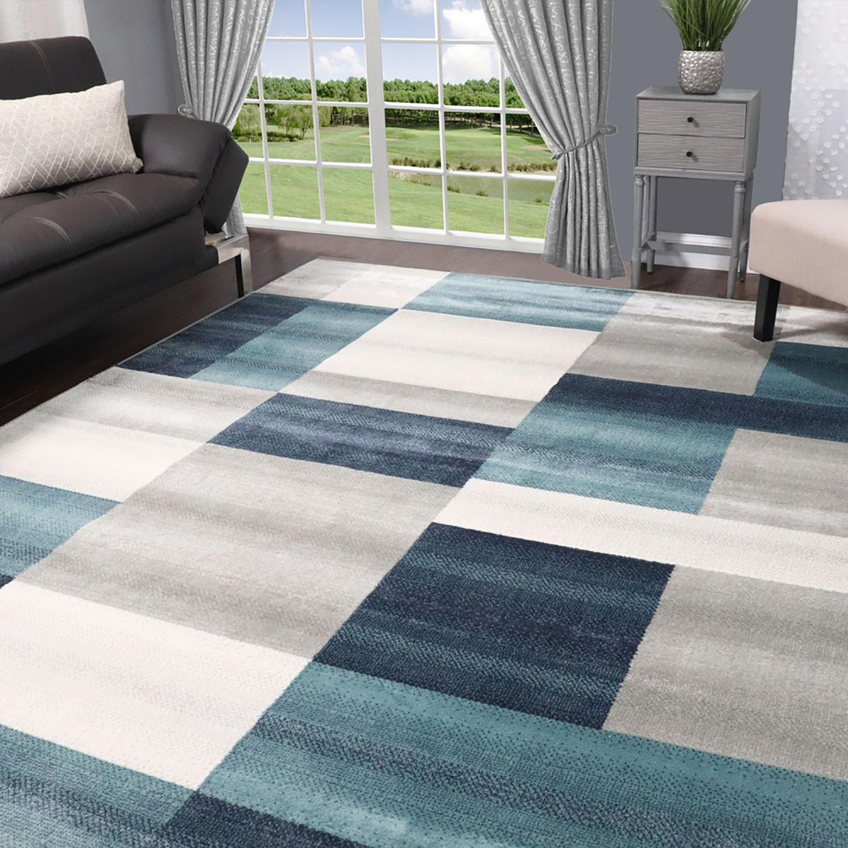 5' X 8' Teal And Gray Patchwork Power Loom Stain Resistant Area Rug