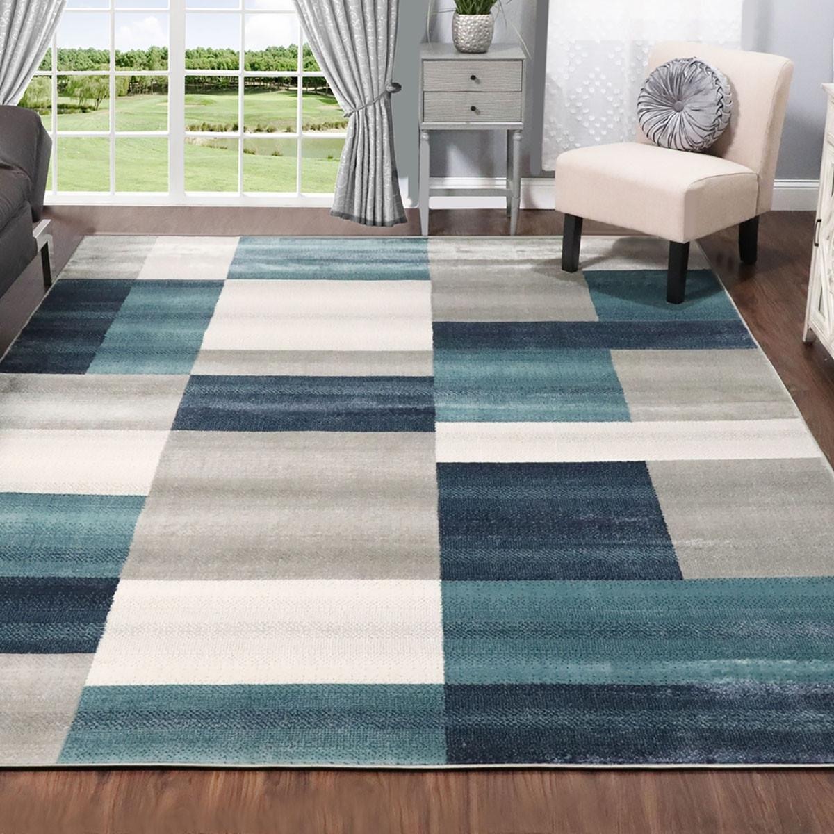 8' X 10' Teal And Gray Patchwork Power Loom Stain Resistant Area Rug