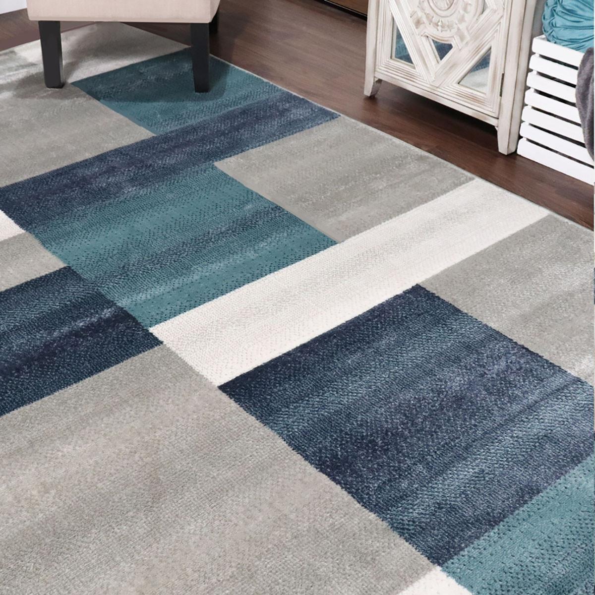 8' X 10' Teal And Gray Patchwork Power Loom Stain Resistant Area Rug