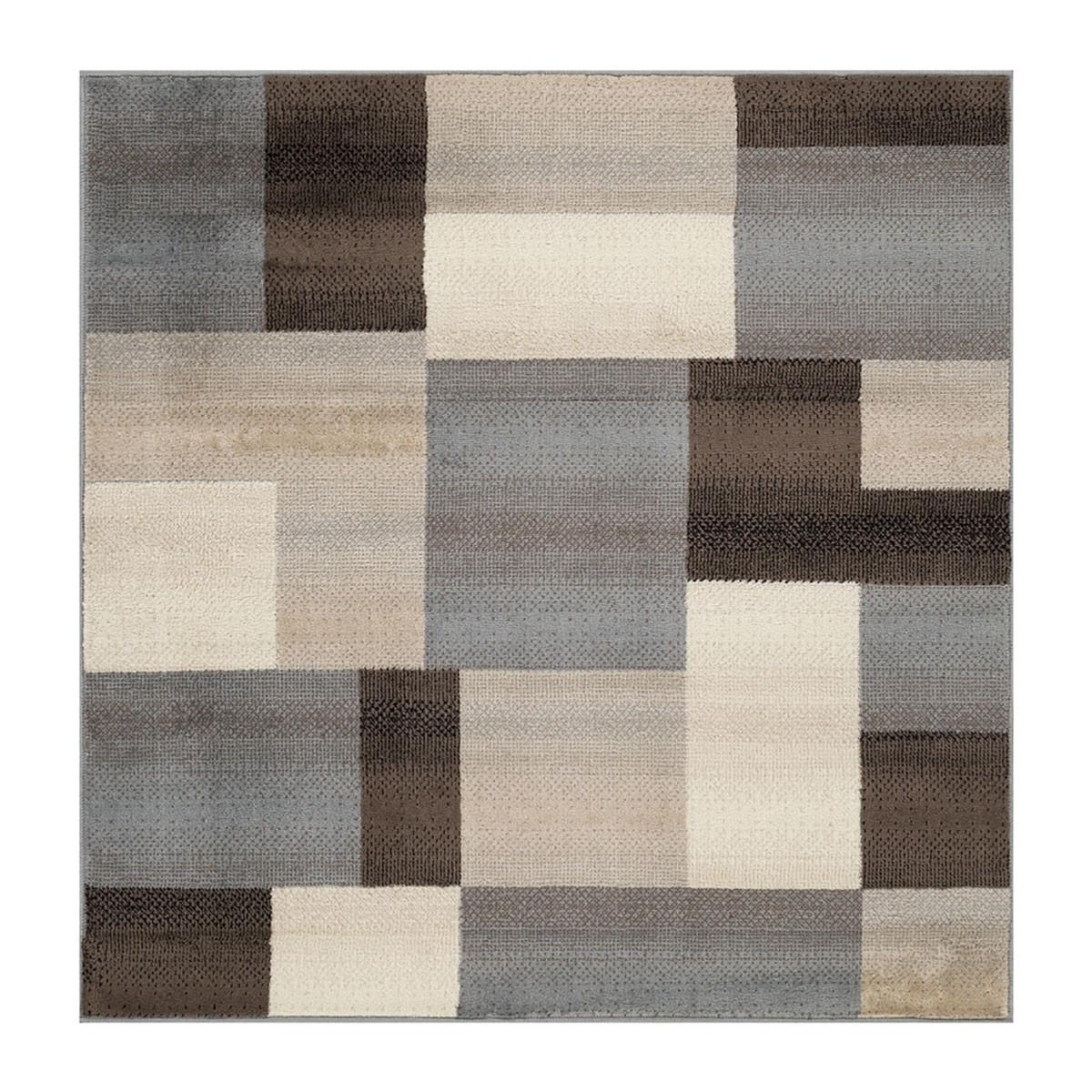8' Square Grey-Brown Square Patchwork Power Loom Stain Resistant Area Rug Default Title