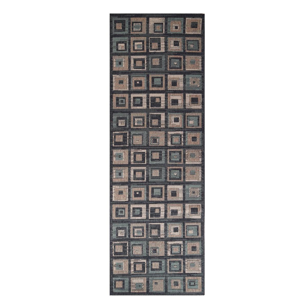8' Color Block Beige And Teal Checkered Stain Resistant Runner Rug Default Title