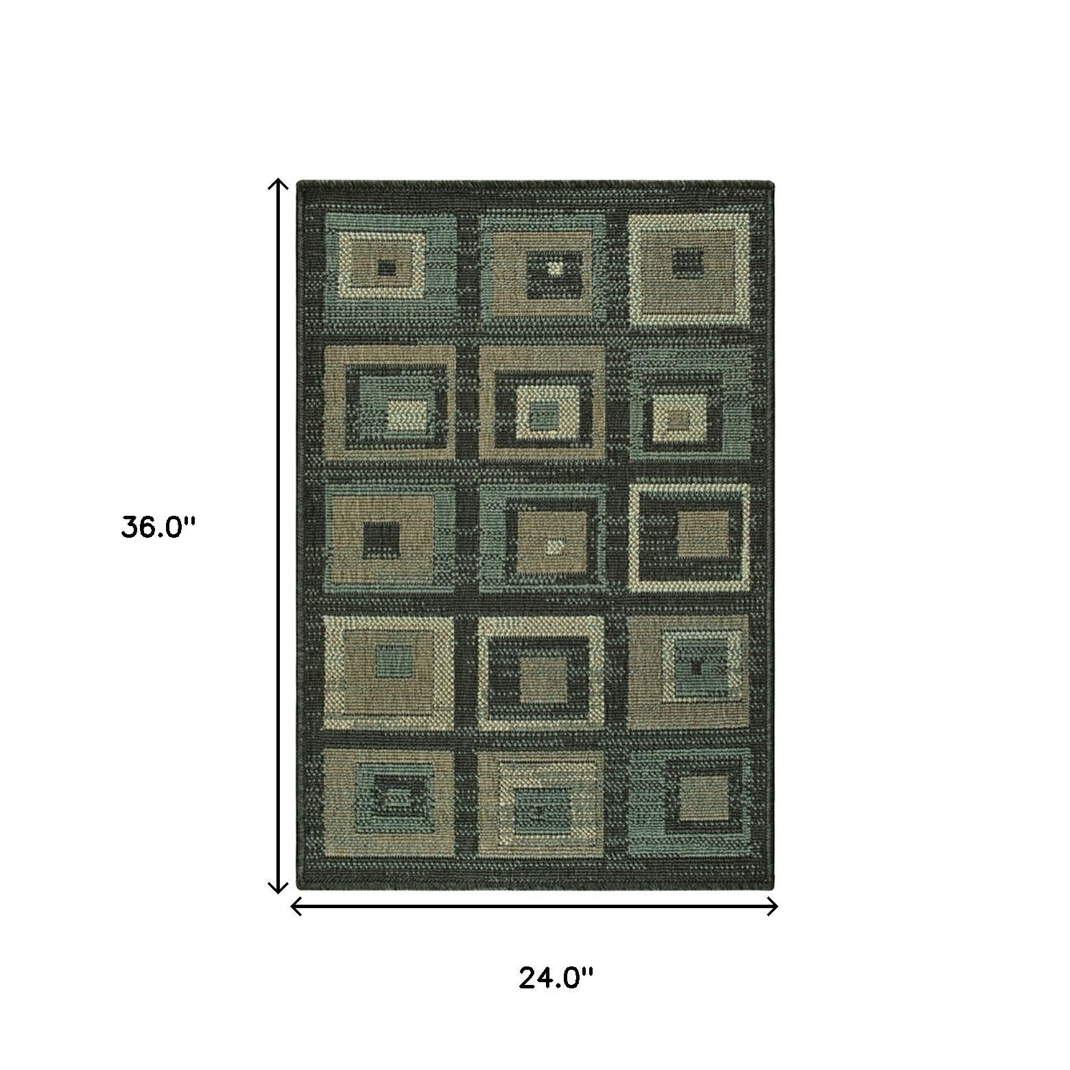 2' X 3' Color Block Beige And Teal Checkered Stain Resistant Area Rug