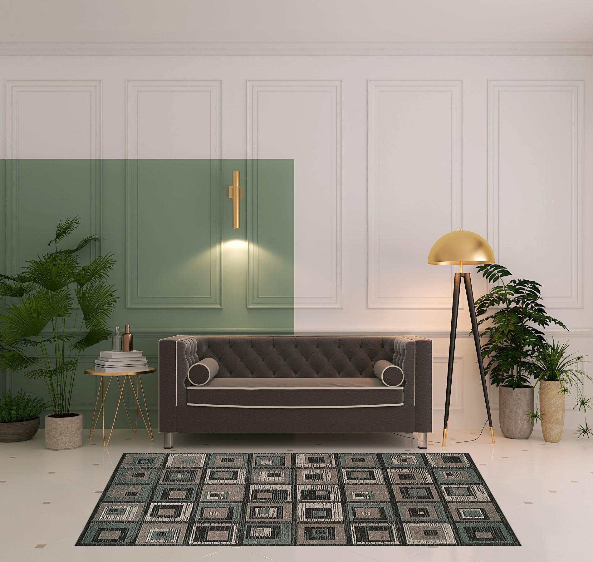 5' X 8' Color Block Beige And Teal Checkered Stain Resistant Area Rug