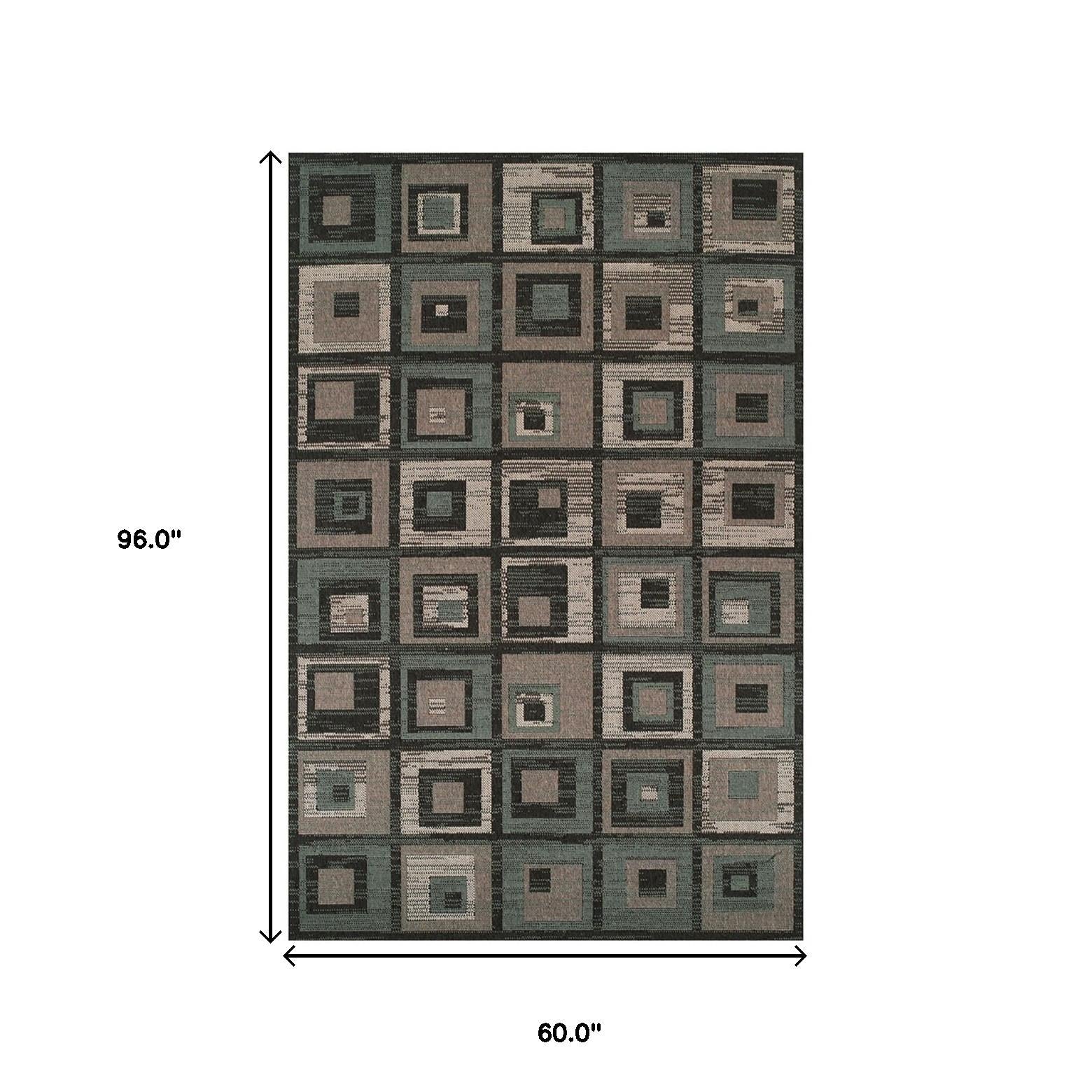 5' X 8' Color Block Beige And Teal Checkered Stain Resistant Area Rug