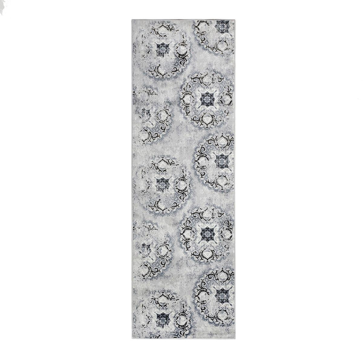 8' Silver And Gray Geometric Medallion Stain Resistant Runner Rug Default Title