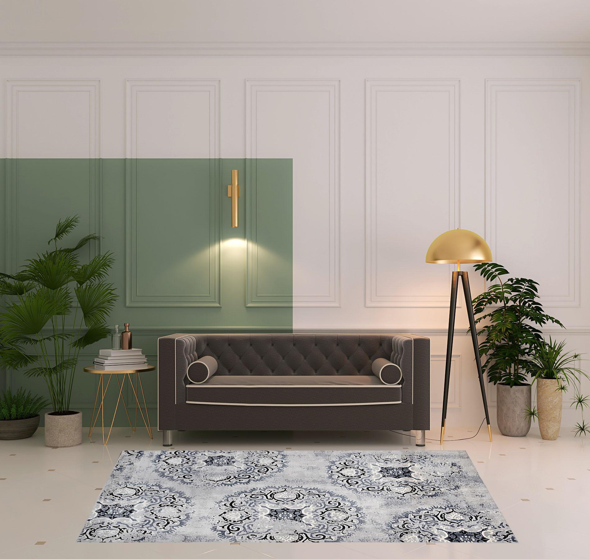 5' X 8' Silver And Gray Geometric Medallion Stain Resistant Area Rug