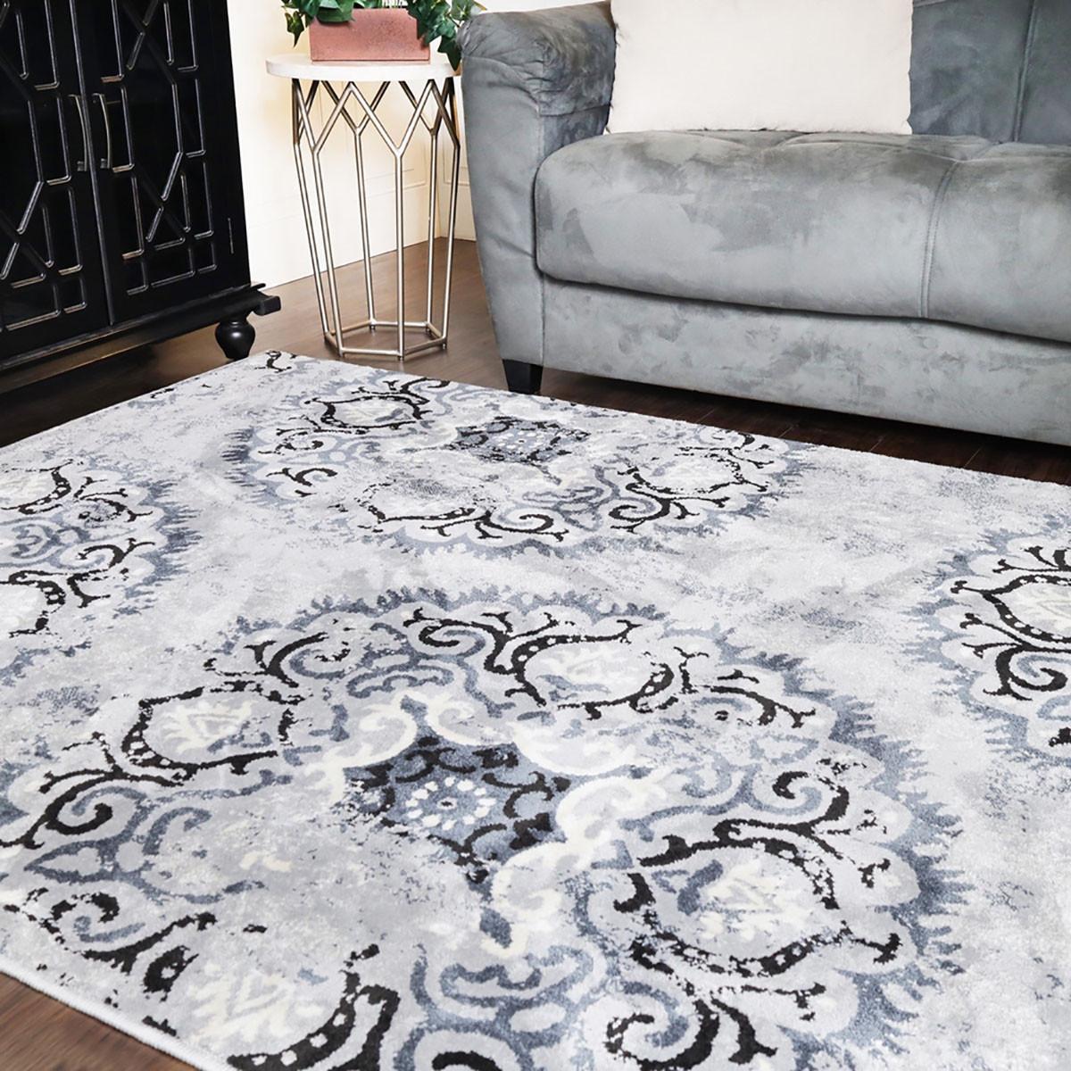 5' X 8' Silver And Gray Geometric Medallion Stain Resistant Area Rug