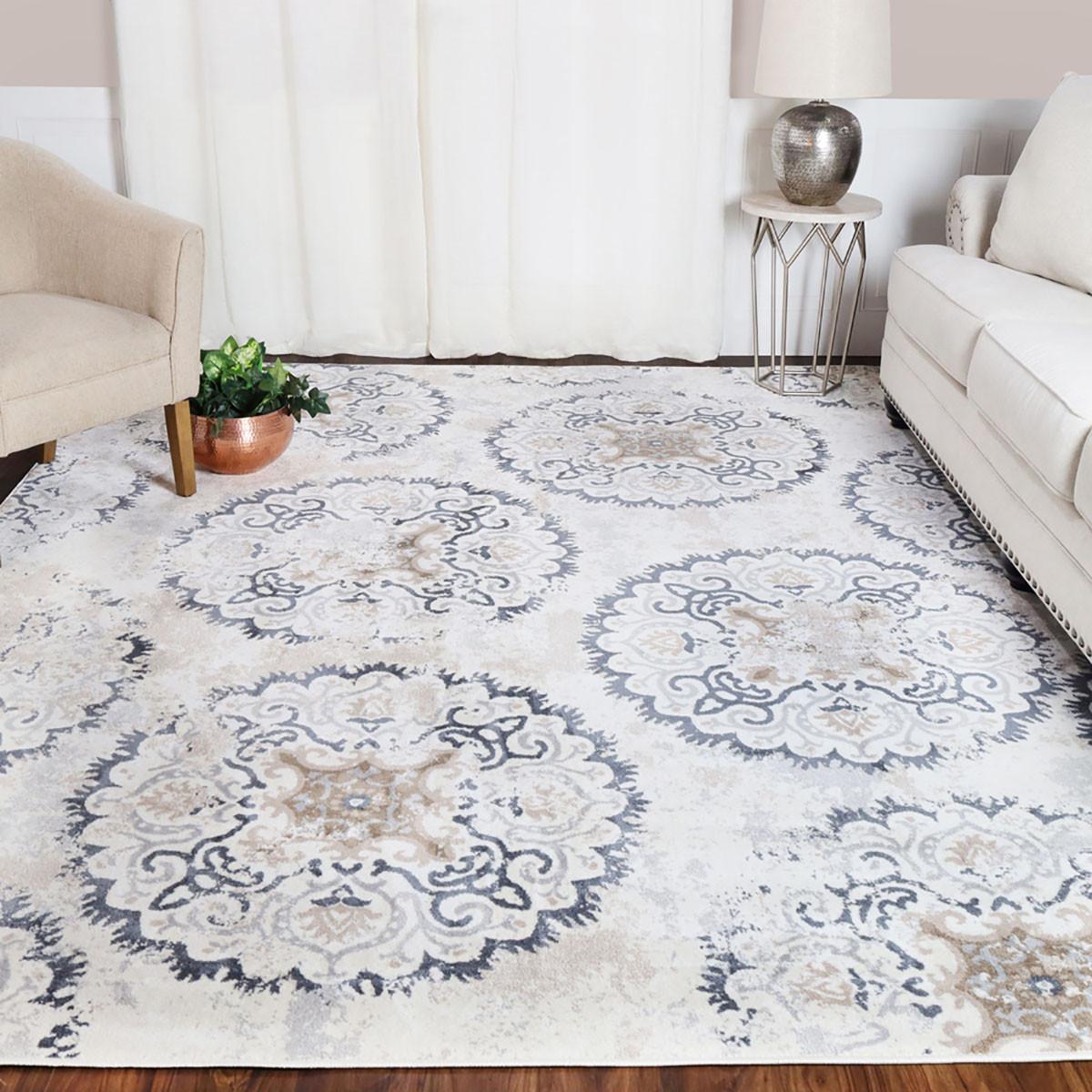 8' X 10' Ivory Geometric Medallion Stain Resistant Area Rug