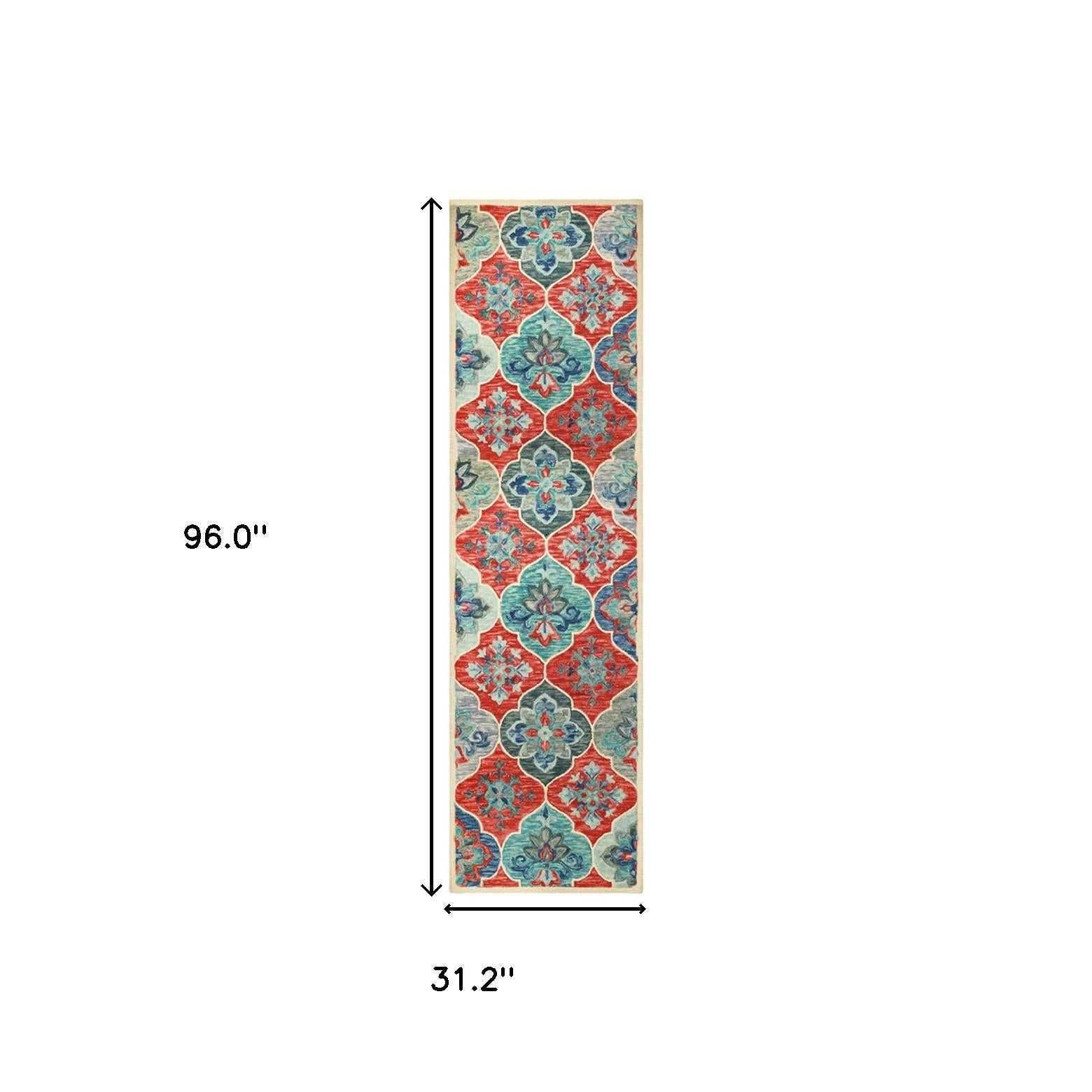 8' Blue And Rust Wool Geometric Tufted Stain Resistant Runner Rug