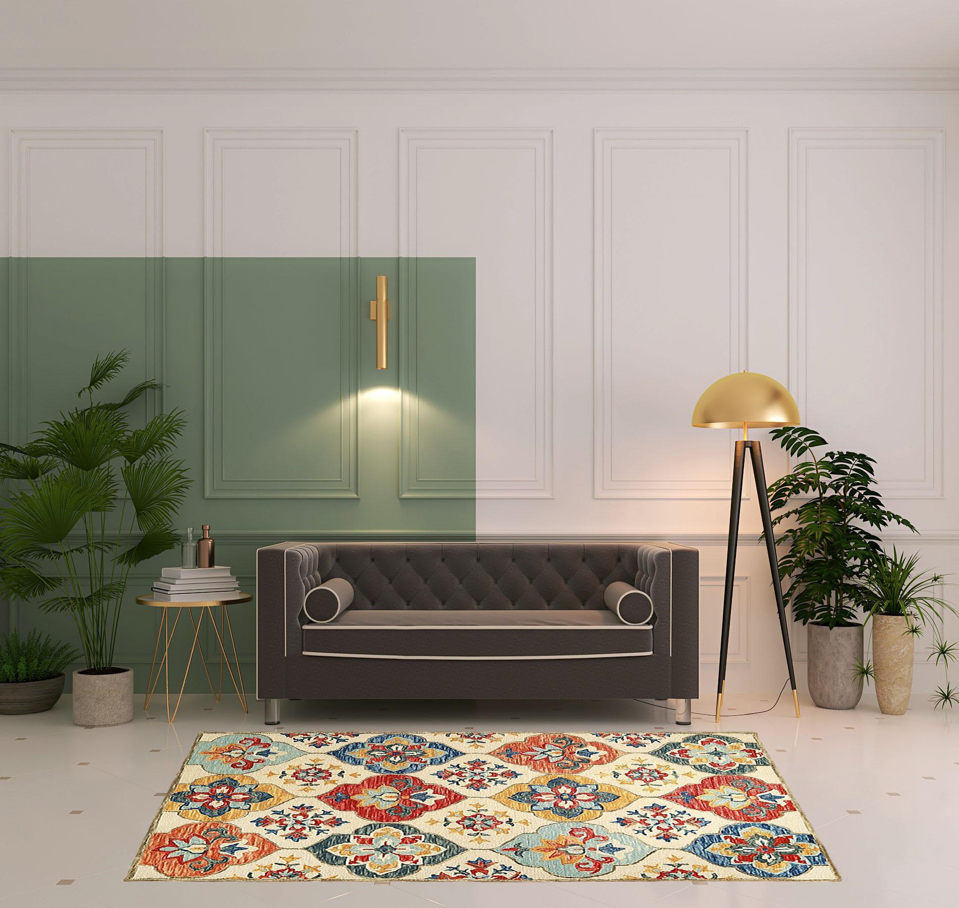 5' X 8' Cream And Rust Wool Geometric Tufted Stain Resistant Area Rug Default Title