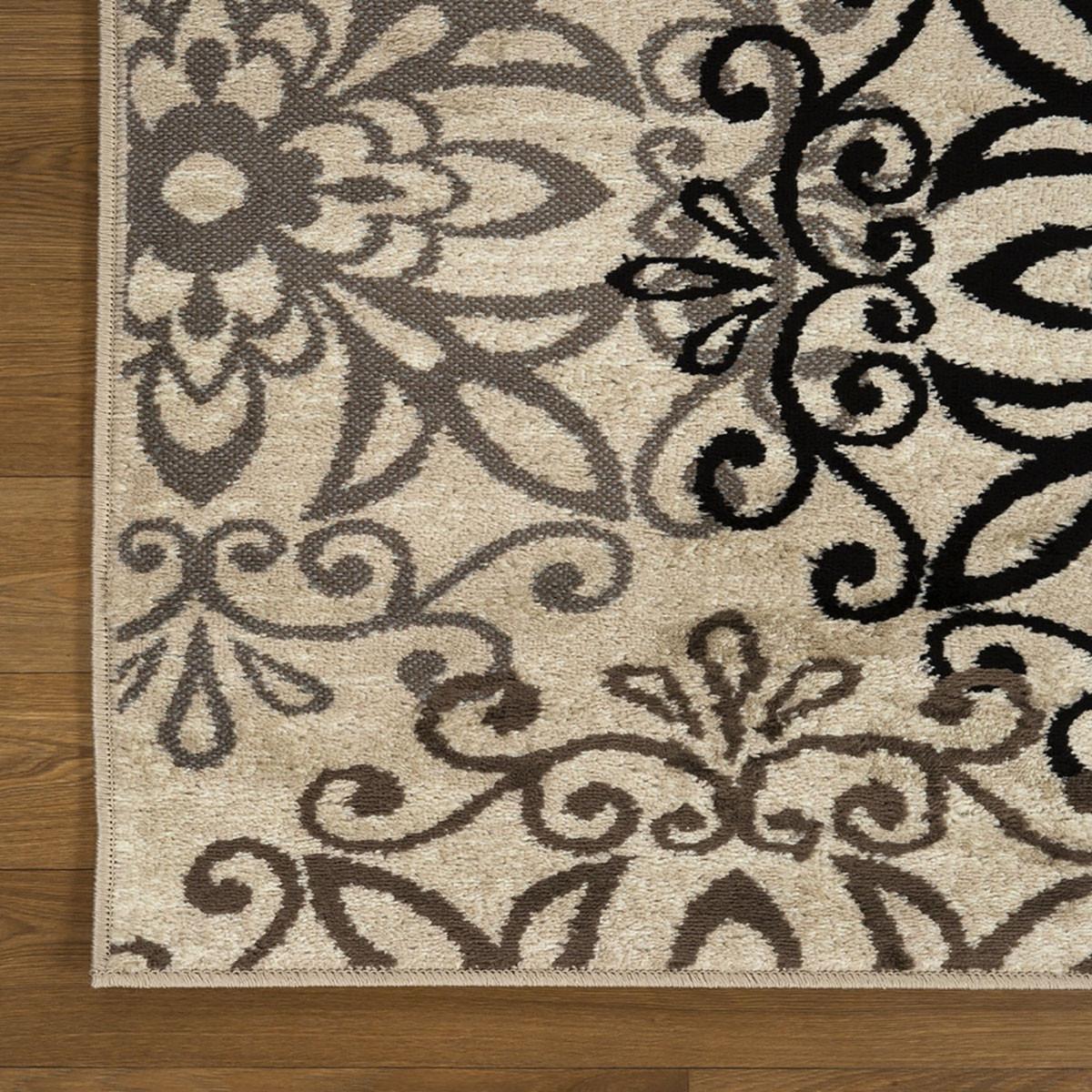 10' Tan Gray And Black Floral Medallion Stain Resistant Runner Rug