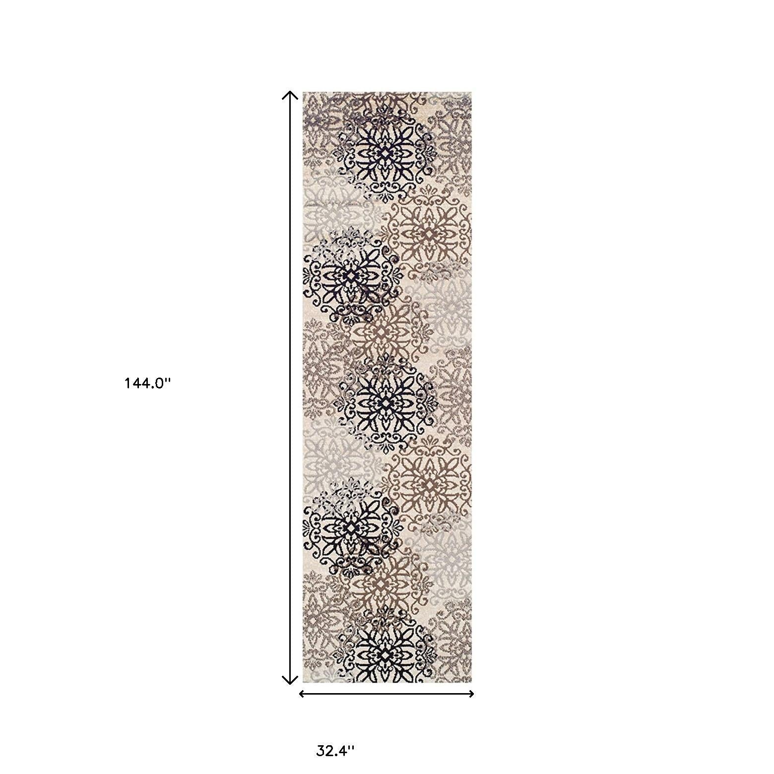 12' Tan Gray And Black Floral Medallion Stain Resistant Runner Rug