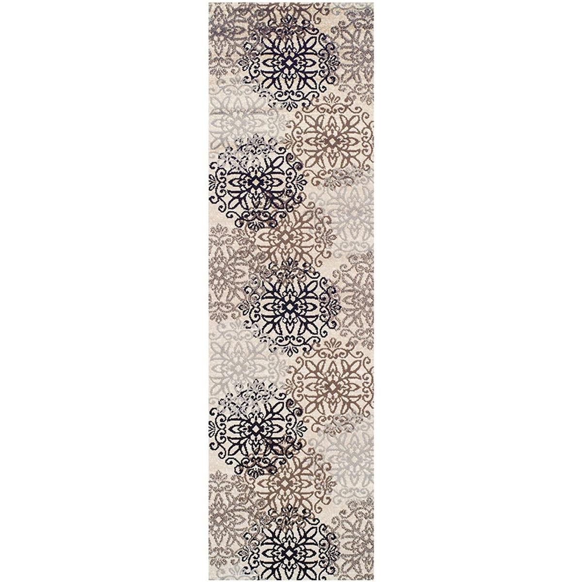 8' Tan Gray And Black Floral Medallion Stain Resistant Runner Rug Default Title