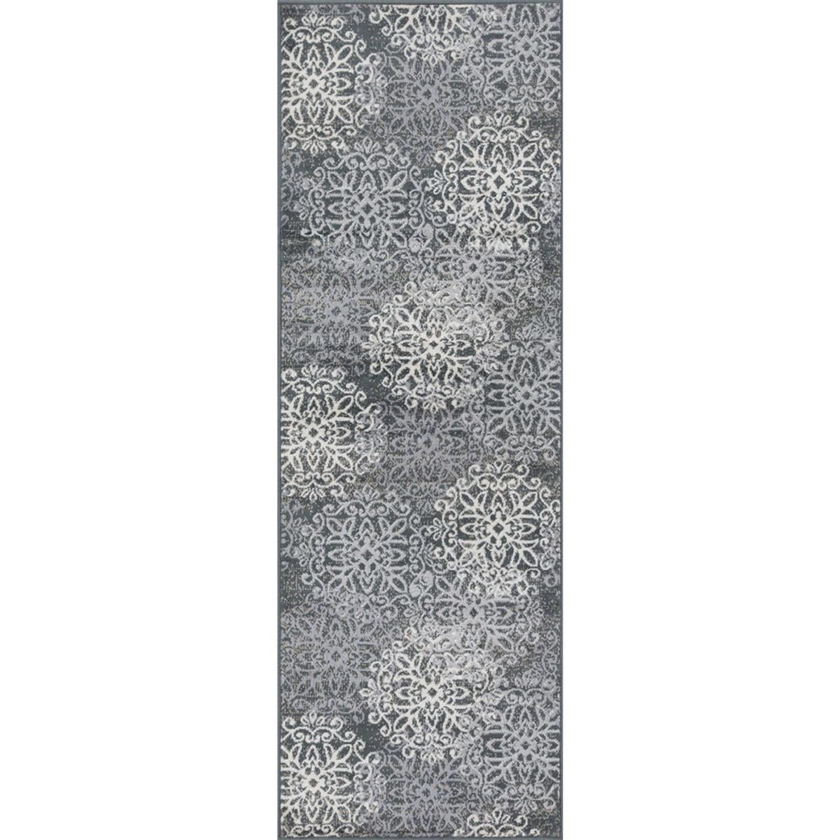 8' Slate And Gray Medallion Power Loom Stain Resistant Runner Rug Default Title