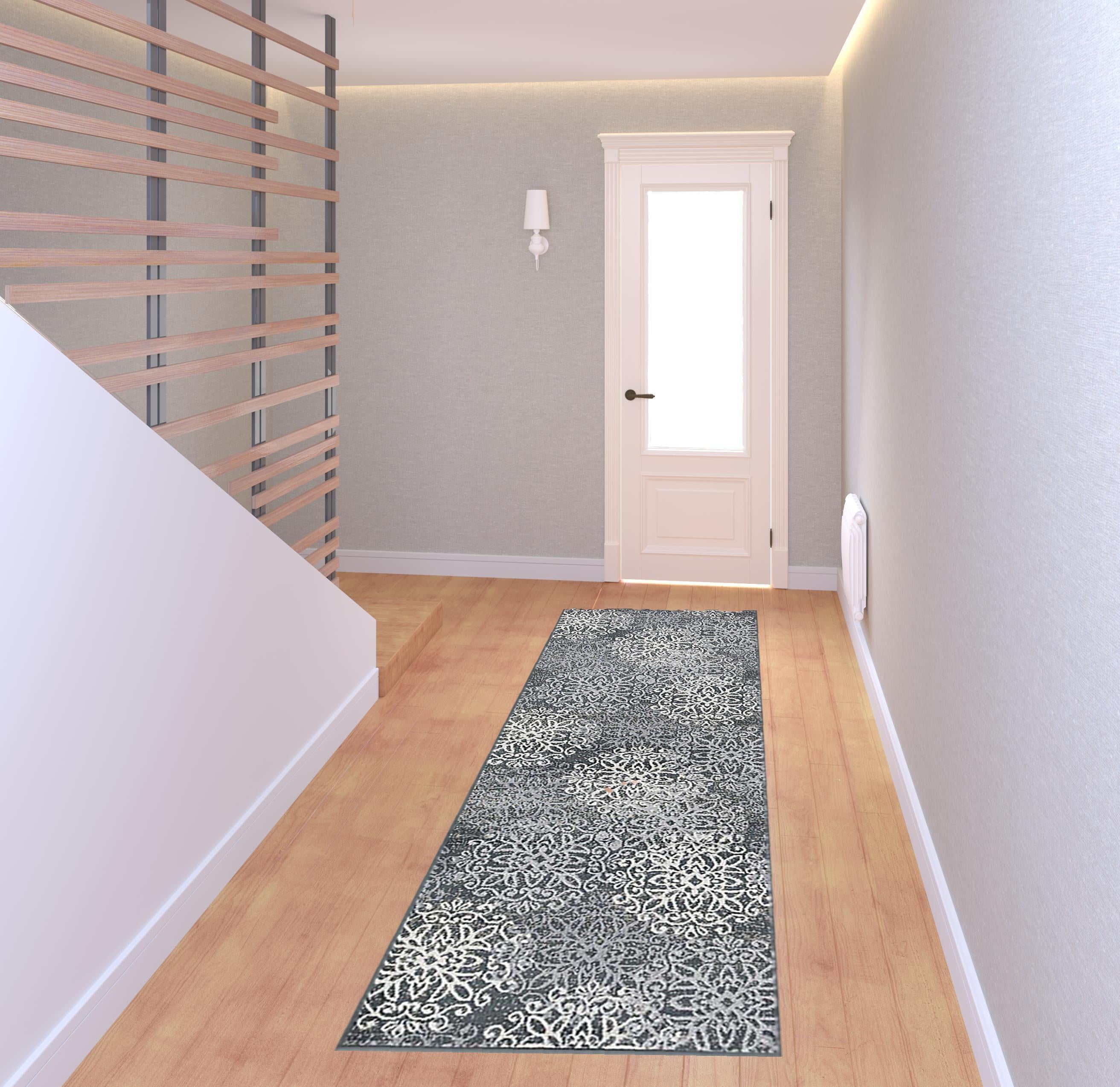 8' Slate And Gray Medallion Power Loom Stain Resistant Runner Rug