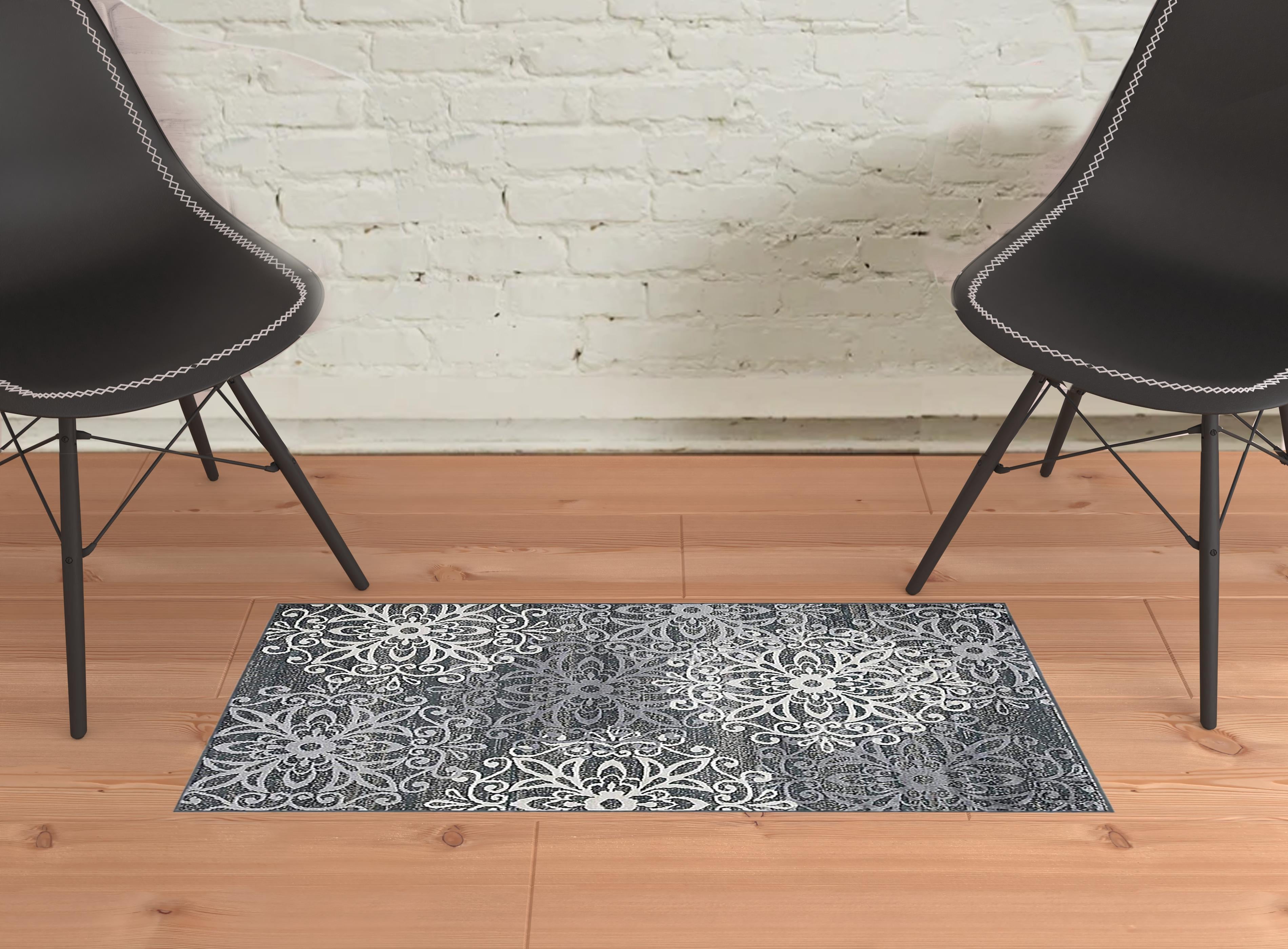 2' X 3' Slate And Gray Medallion Power Loom Stain Resistant Area Rug