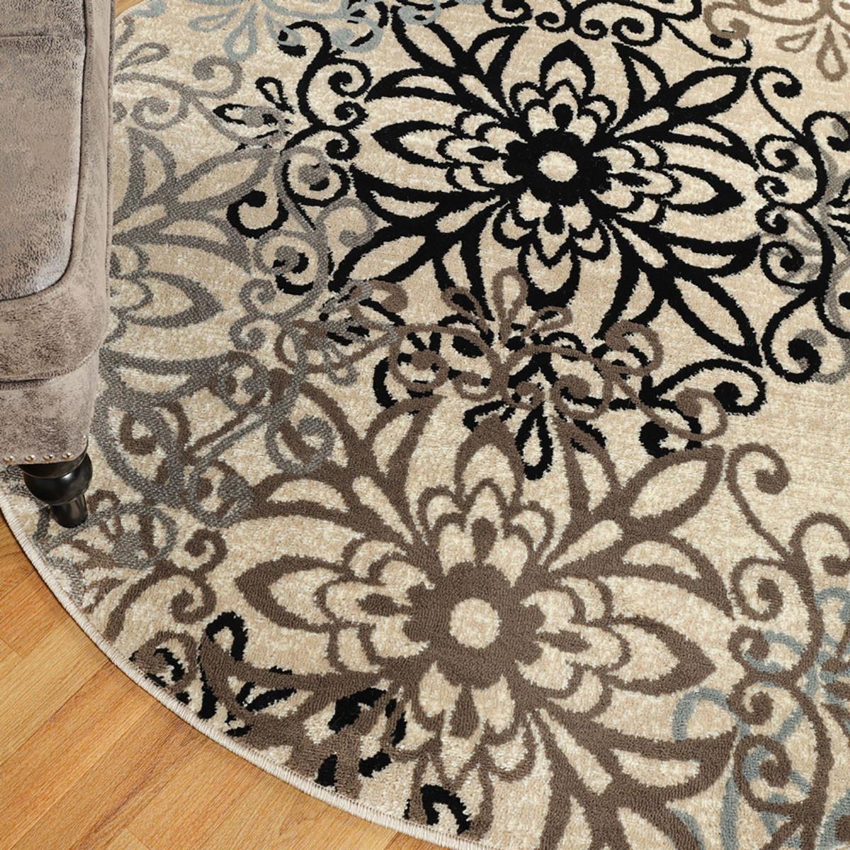 5' Round Tan Gray And Black Round Floral Medallion Stain Resistant Area Rug