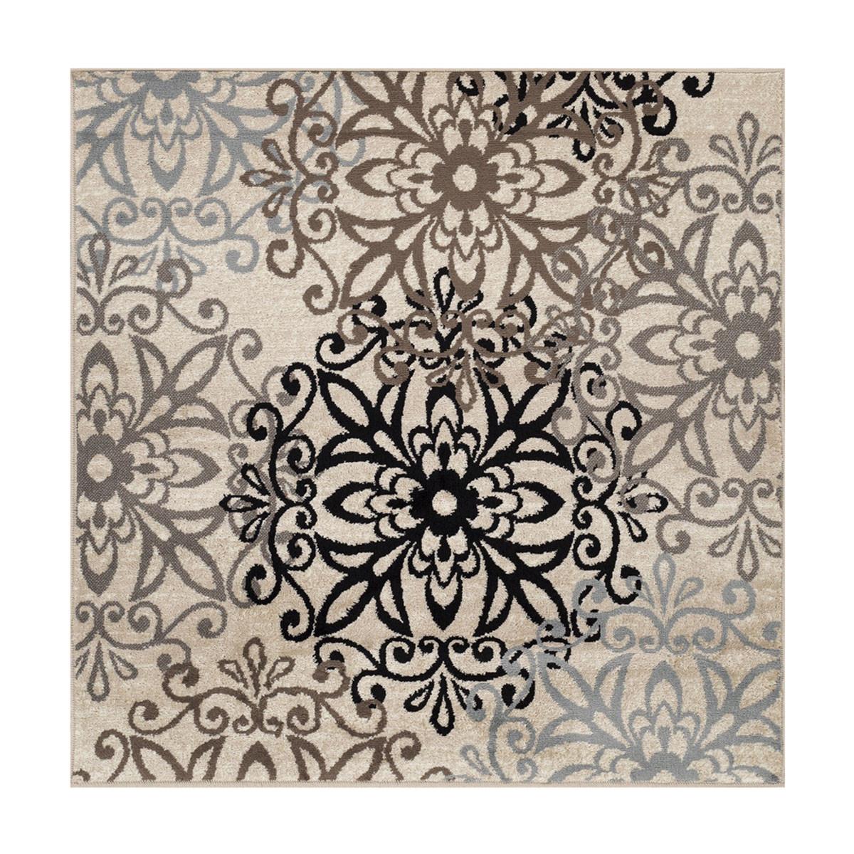 5' Square Tan Gray And Black Square Floral Medallion Stain Resistant Area Rug Default Title