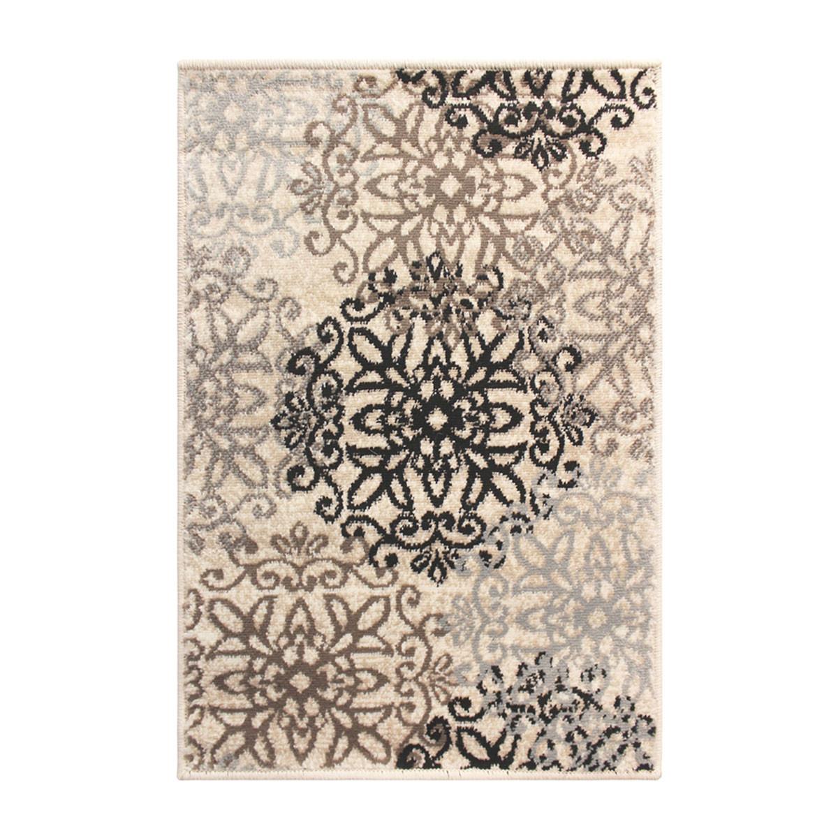 5' X 8' Tan Gray And Black Floral Medallion Stain Resistant Area Rug Default Title