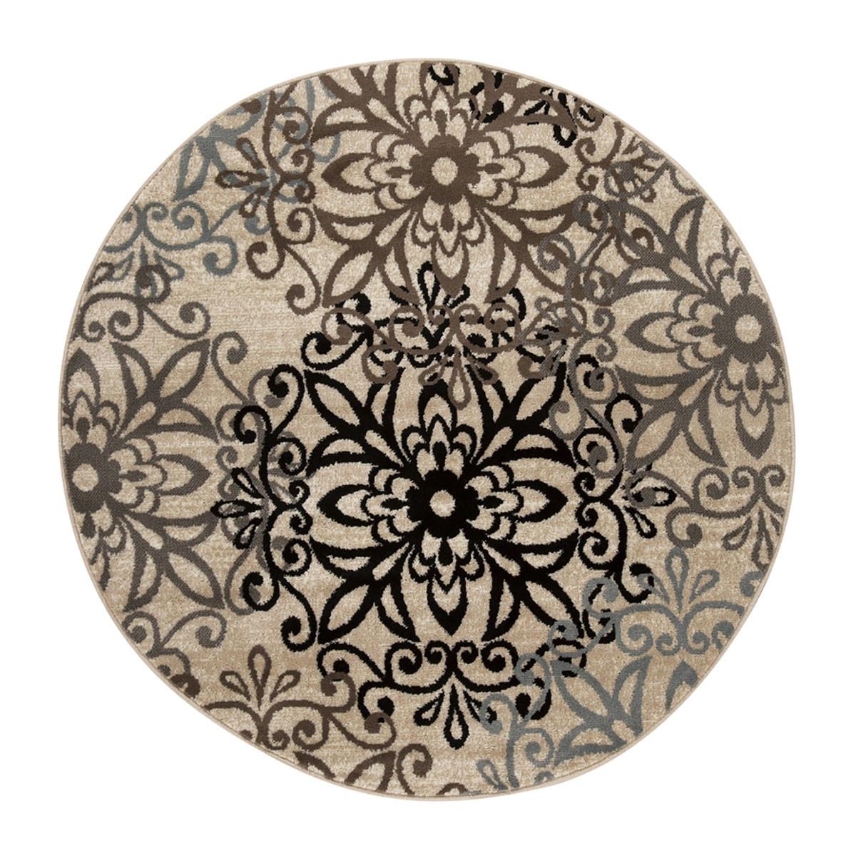 8' Round Tan Gray And Black Round Floral Medallion Stain Resistant Area Rug Default Title