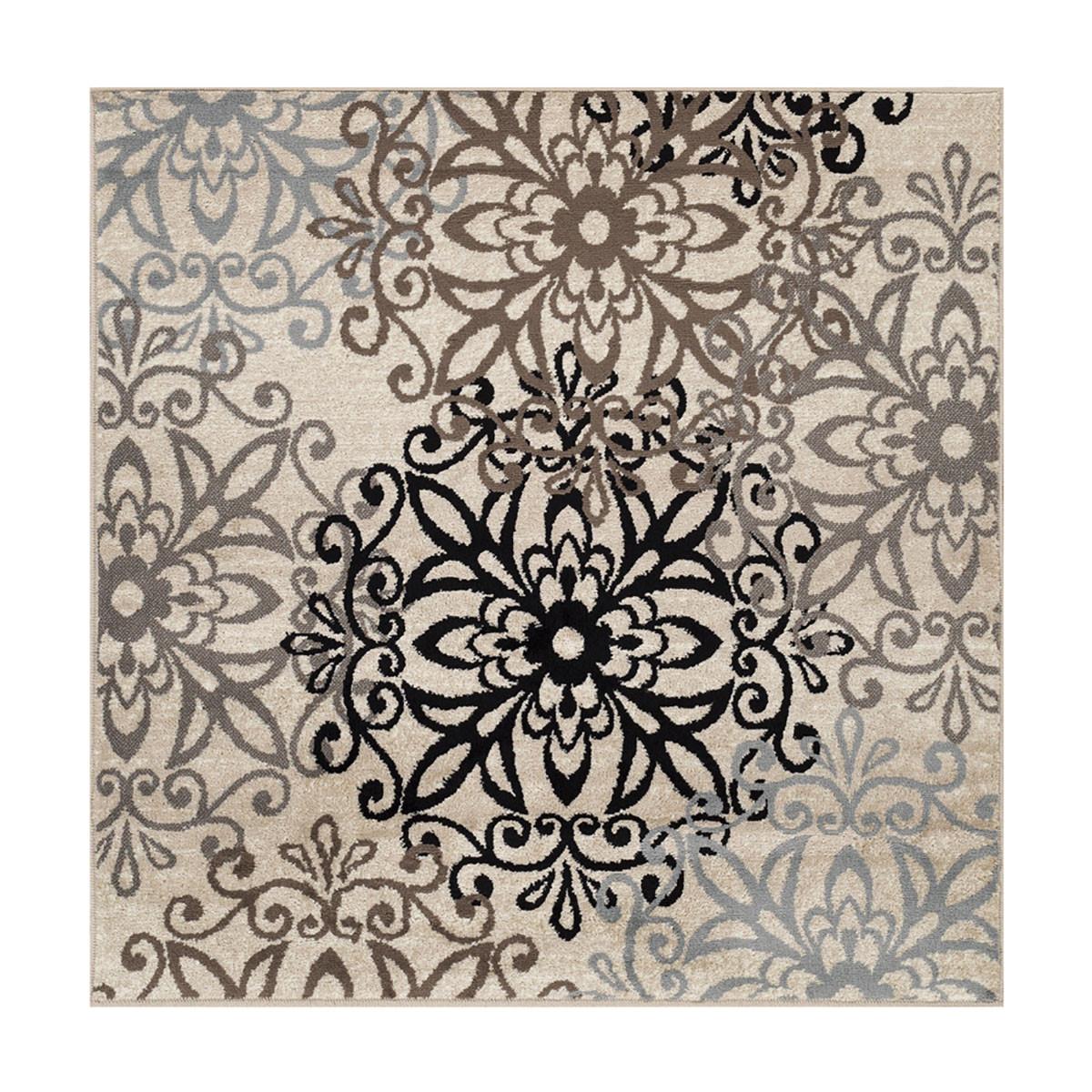 8' Square Tan Gray And Black Square Floral Medallion Stain Resistant Area Rug Default Title
