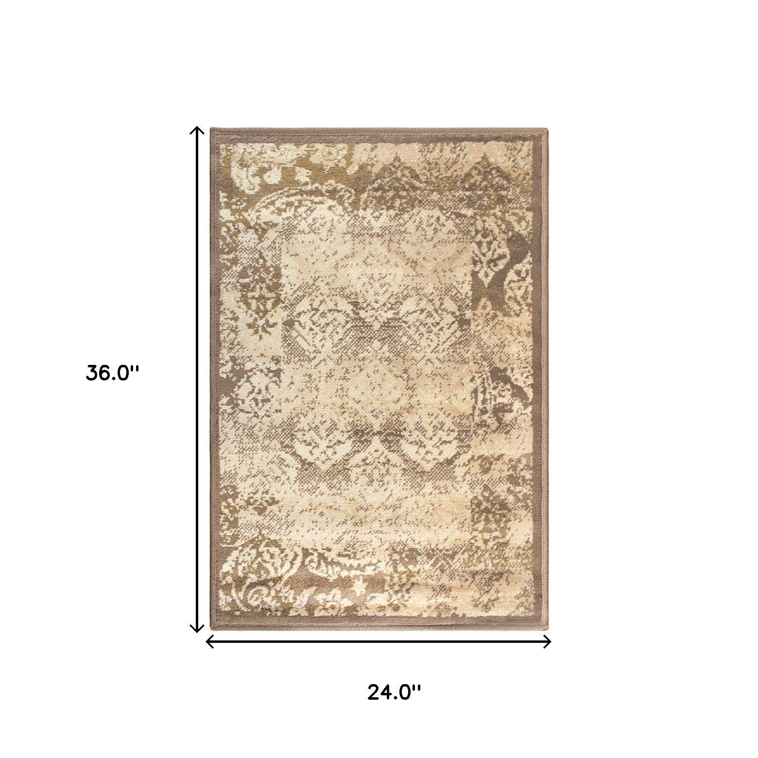 2' X 3' Brown Damask Power Loom Distressed Stain Resistant Area Rug