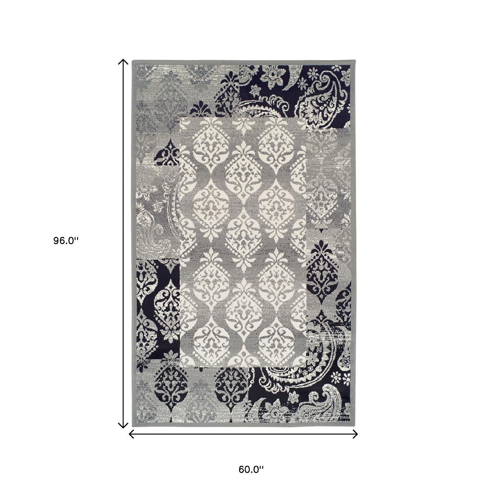 5' X 8' Black And Gray Damask Power Loom Distressed Stain Resistant Area Rug Default Title