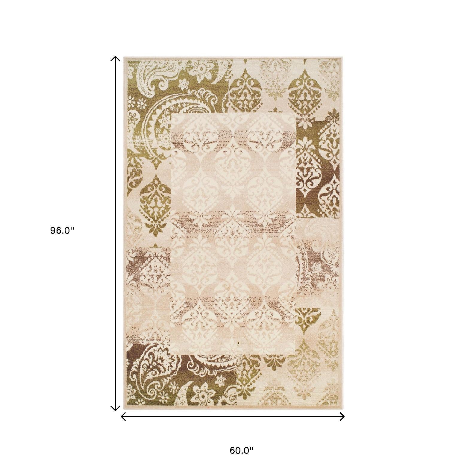 5' X 8' Beige Damask Power Loom Distressed Stain Resistant Area Rug Default Title