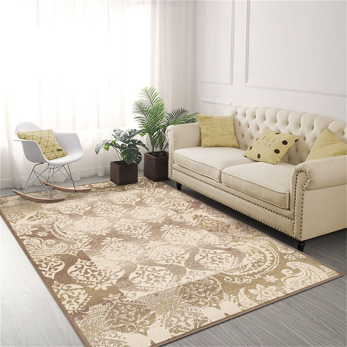 8' X 10' Brown Damask Power Loom Distressed Stain Resistant Area Rug
