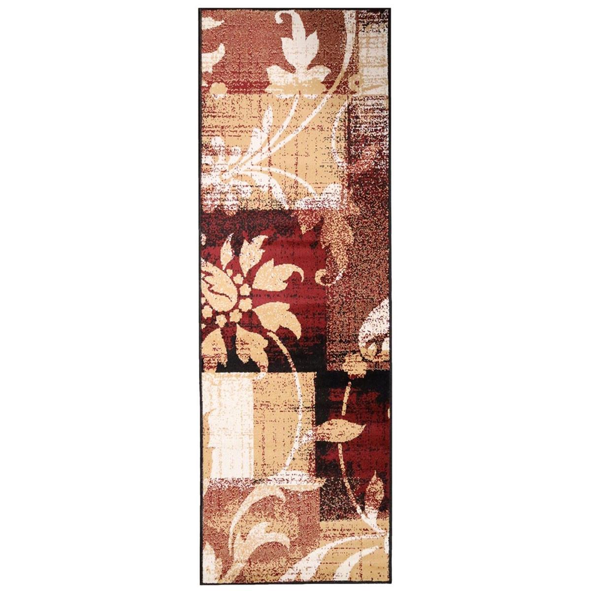 8' Burgundy And Beige Floral Power Loom Distressed Stain Resistant Runner Rug Default Title