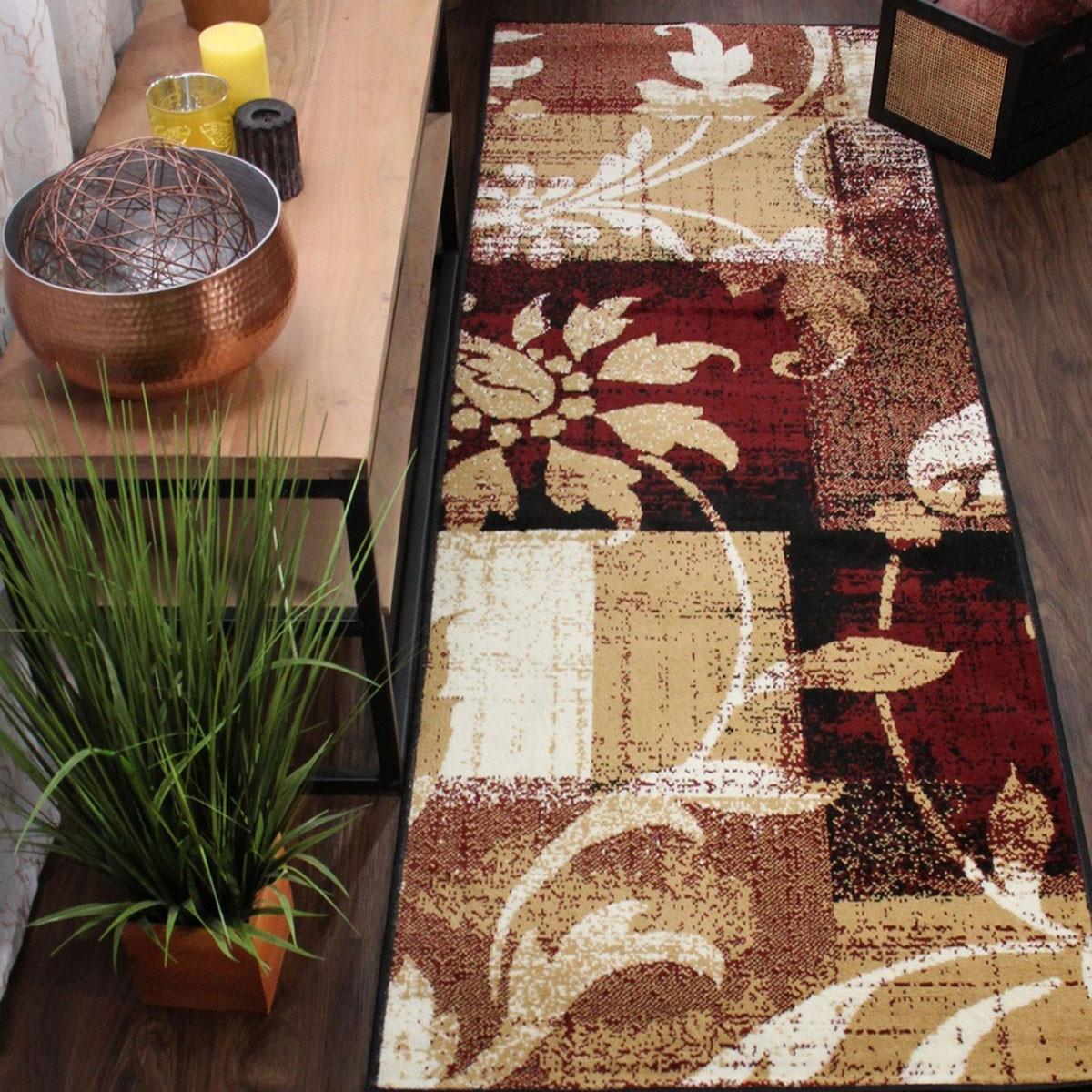 8' Burgundy And Beige Floral Power Loom Distressed Stain Resistant Runner Rug