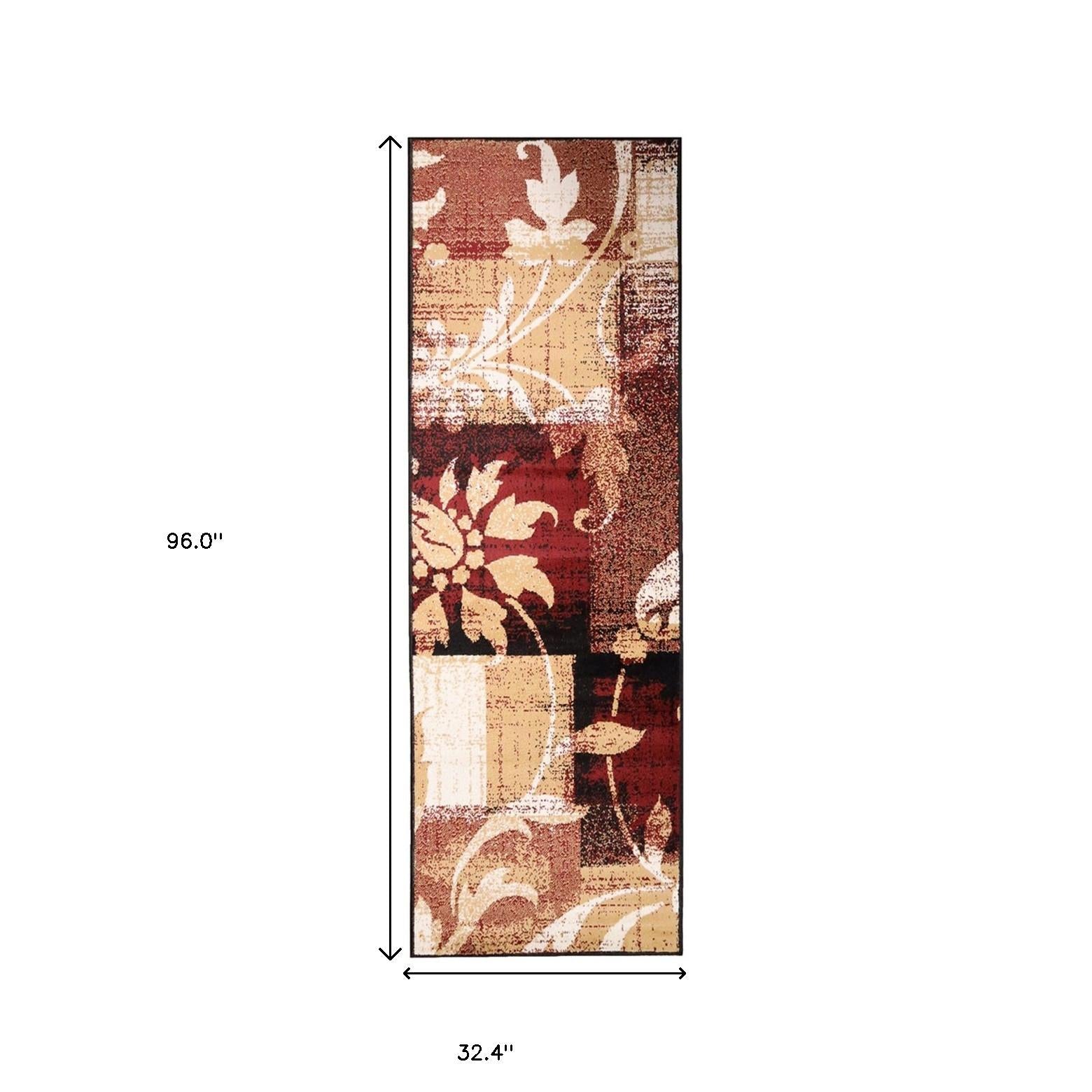 8' Burgundy And Beige Floral Power Loom Distressed Stain Resistant Runner Rug