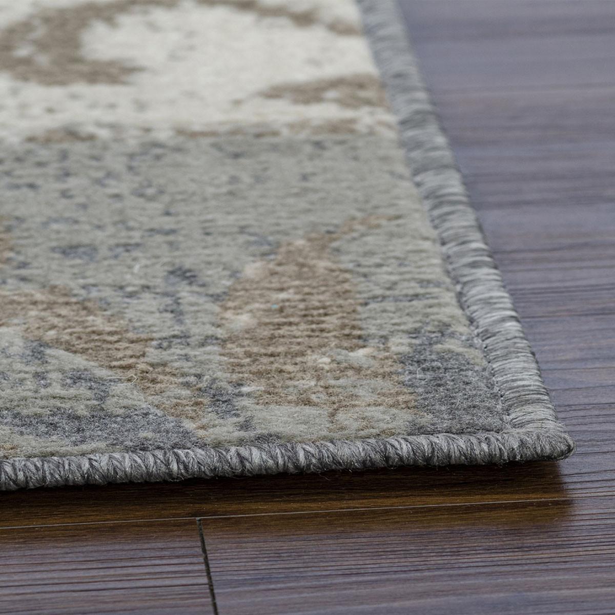 8' Ivory Gray And Olive Floral Power Loom Distressed Stain Resistant Runner Rug