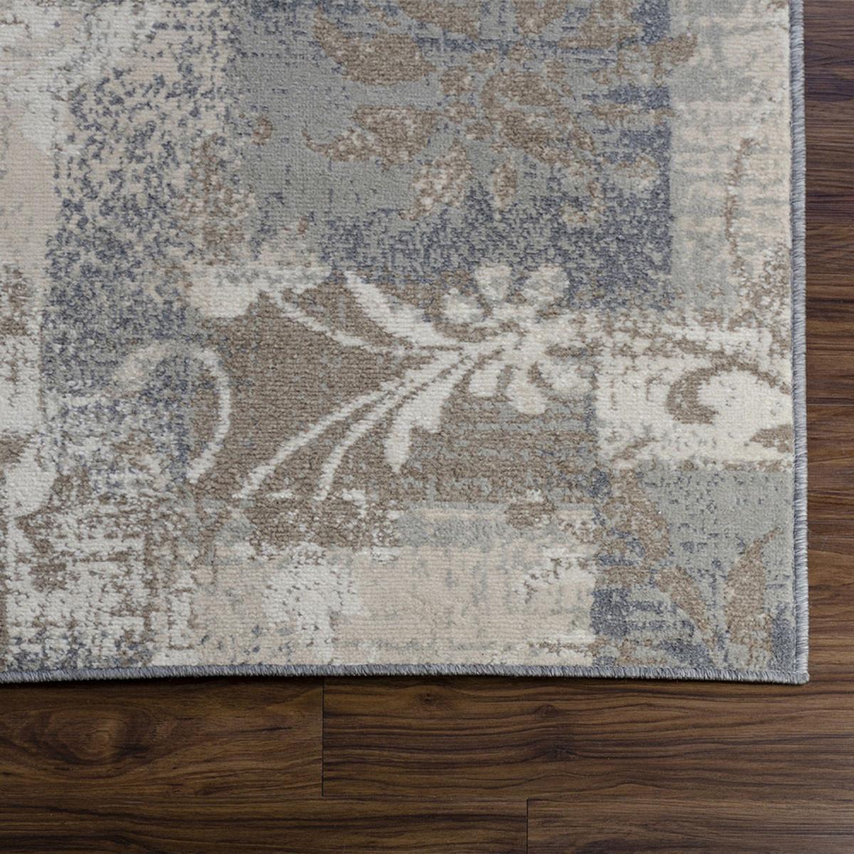 8' Ivory Gray And Olive Floral Power Loom Distressed Stain Resistant Runner Rug