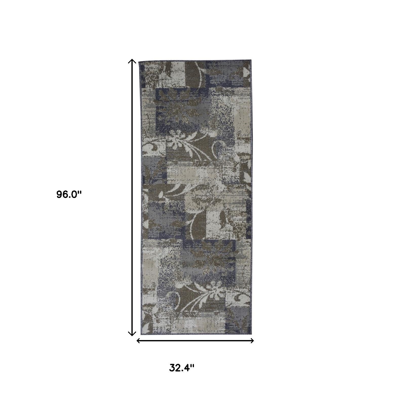 8' Ivory Gray And Olive Floral Power Loom Distressed Stain Resistant Runner Rug