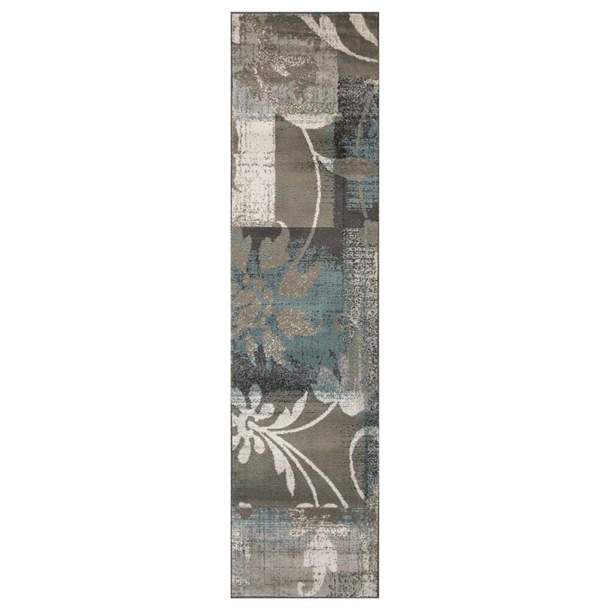 8' Teal Gray And Tan Floral Power Loom Distressed Stain Resistant Runner Rug Default Title