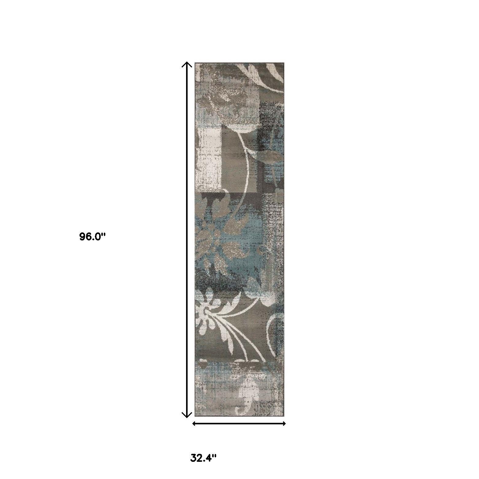 8' Teal Gray And Tan Floral Power Loom Distressed Stain Resistant Runner Rug