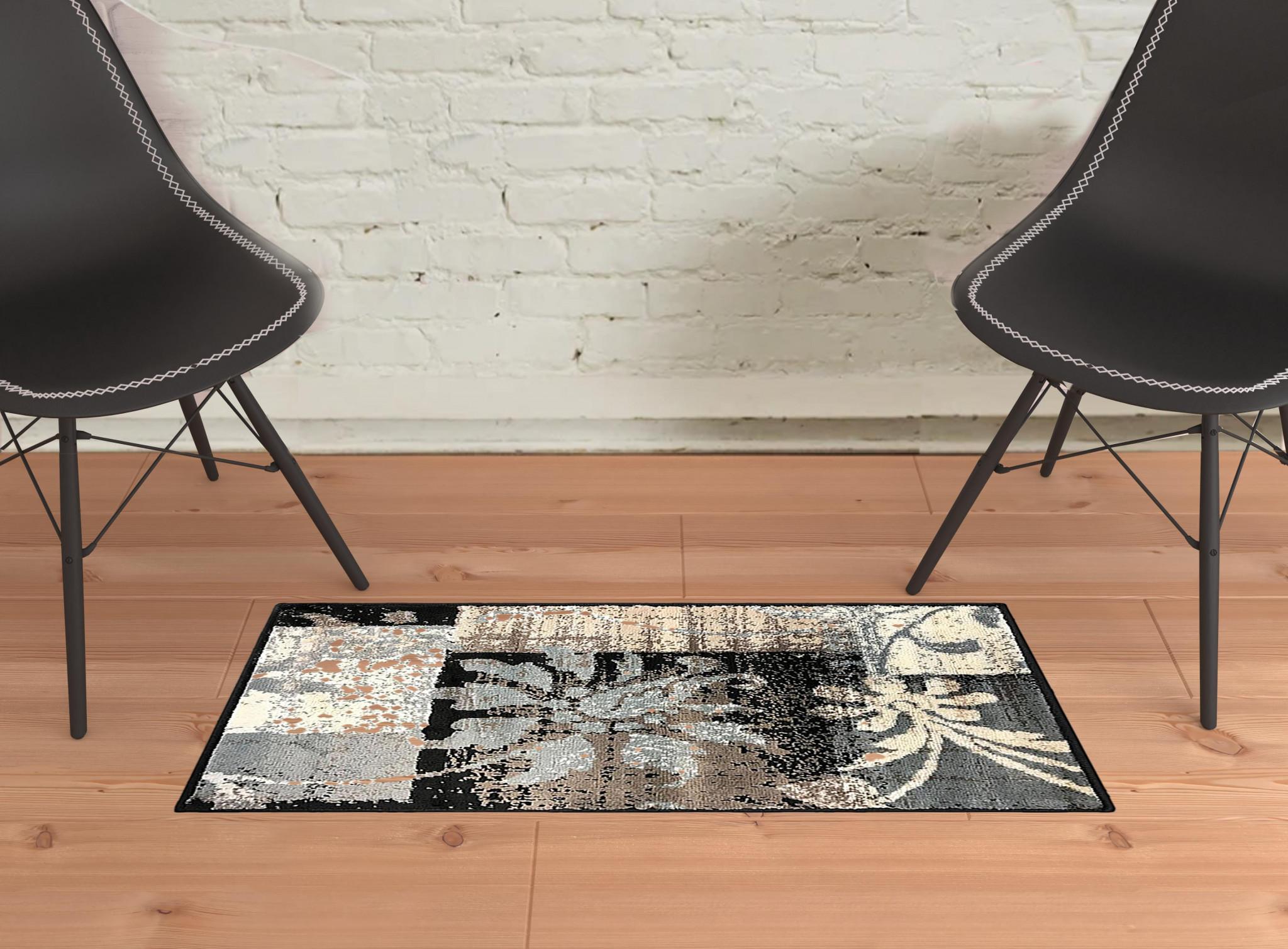 2' X 3' Beige And Gray Floral Power Loom Distressed Stain Resistant Area Rug