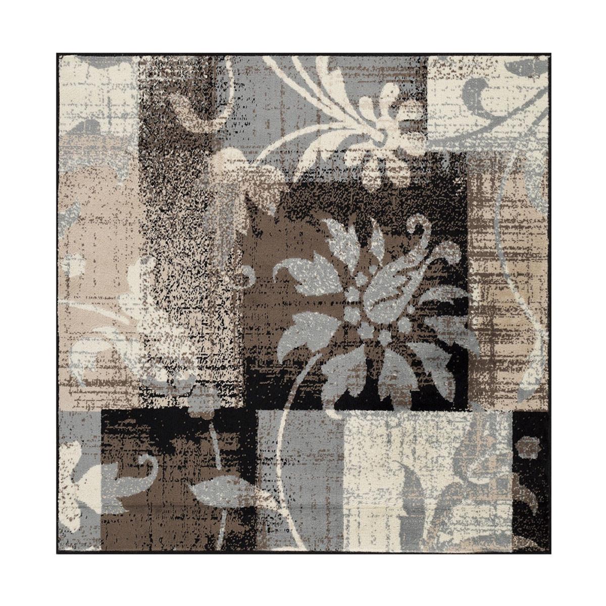 5' Square Beige And Gray Square Floral Power Loom Distressed Stain Resistant Area Rug Default Title