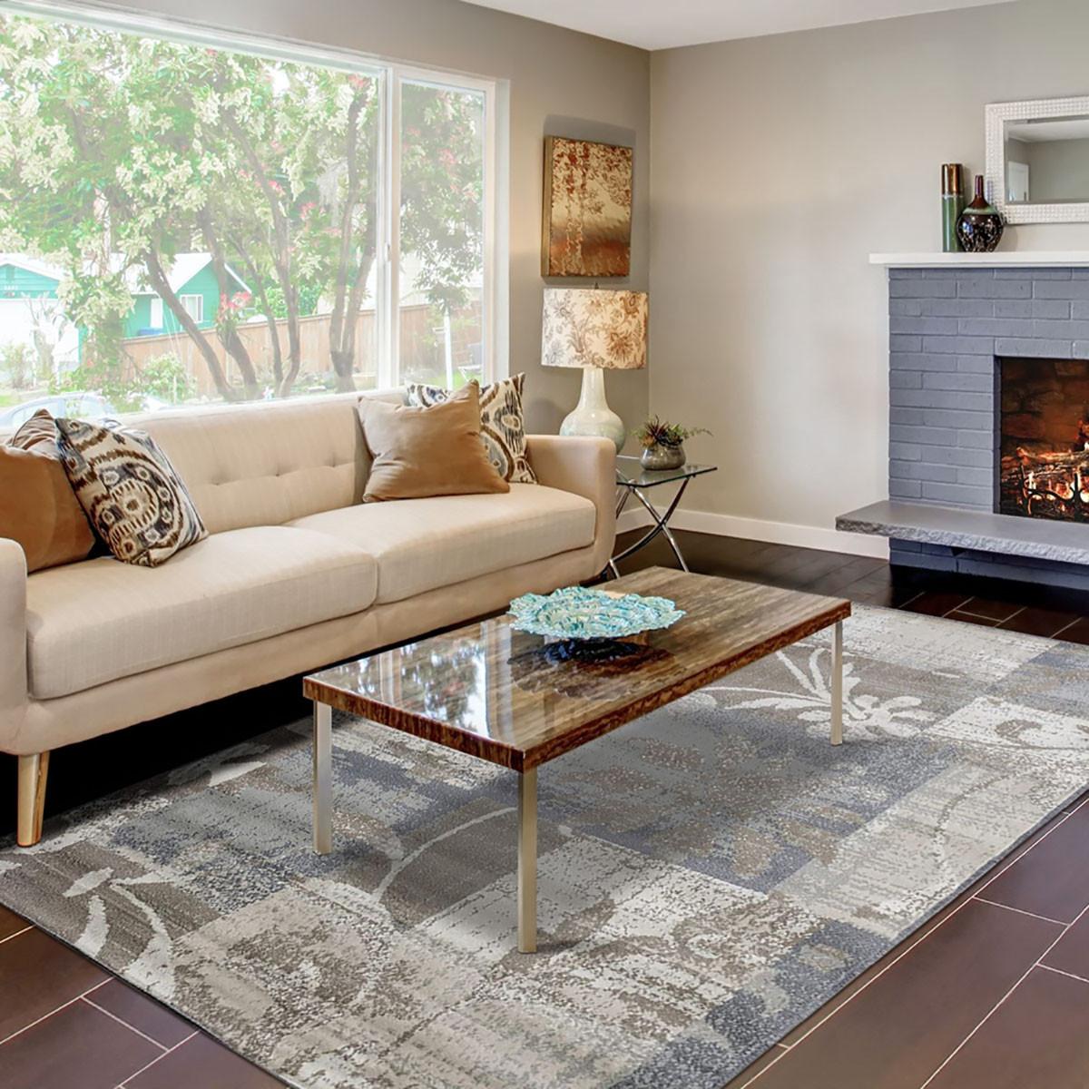 5' X 8' Ivory Gray And Olive Floral Power Loom Distressed Stain Resistant Area Rug