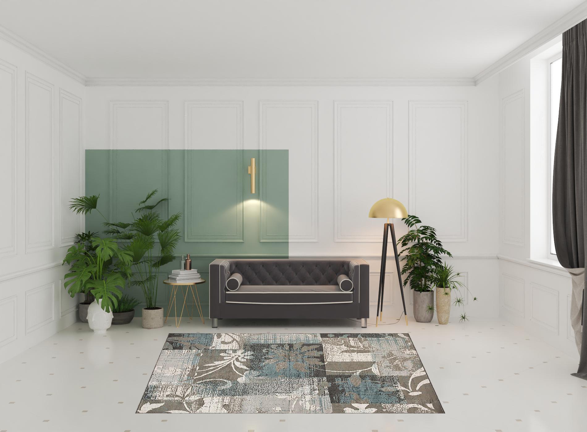 7' X 9' Teal Gray And Tan Floral Power Loom Distressed Stain Resistant Area Rug